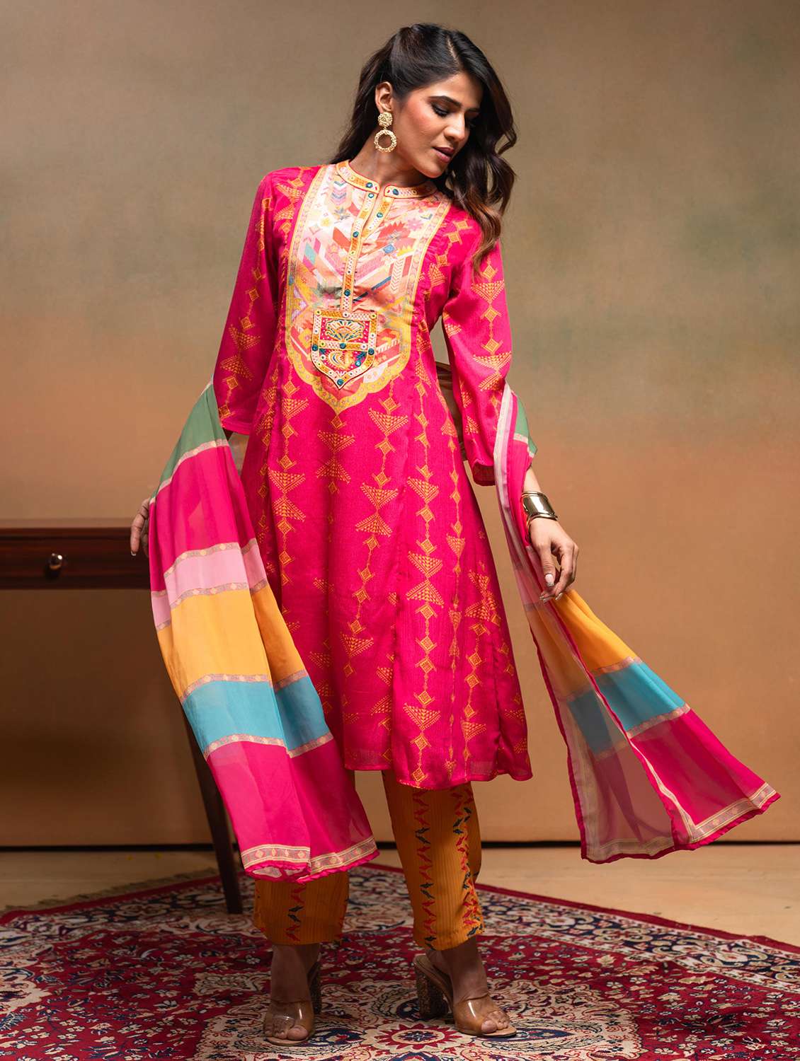 women printed three quarter sleeve kurta pant with dupatta set - 22183389 -  Standard Image - 1