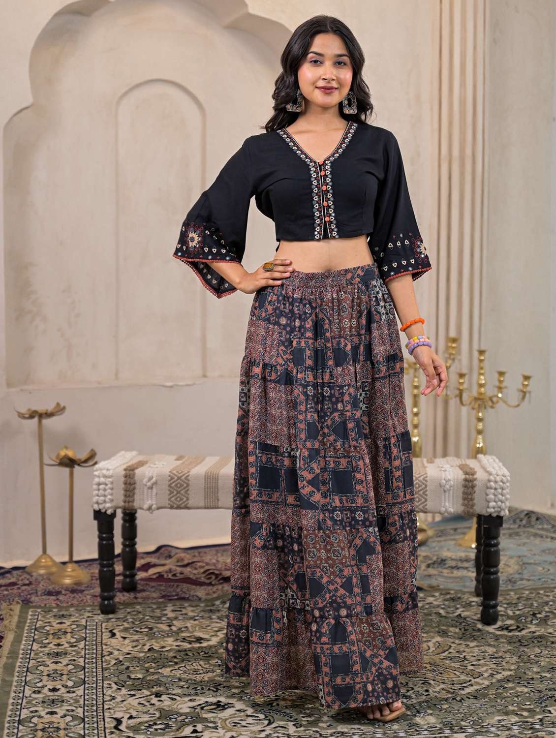 women printed three quarter sleeve skirt top set