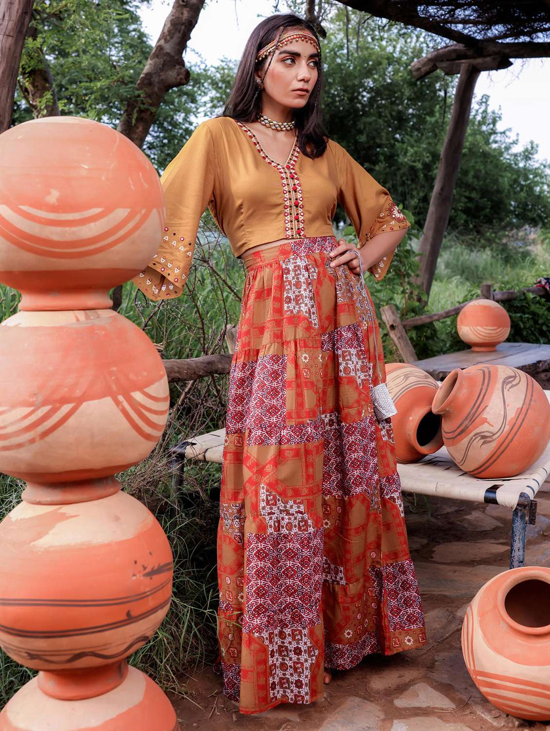 women printed three quarter sleeve skirt top set