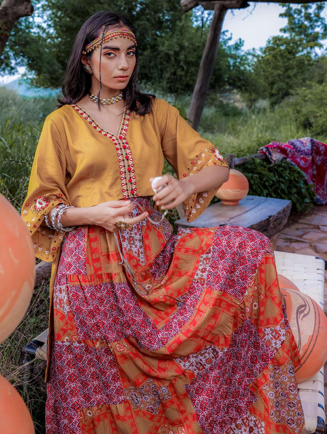 women printed three quarter sleeve skirt top set - 22183393 -  Standard Image - 1