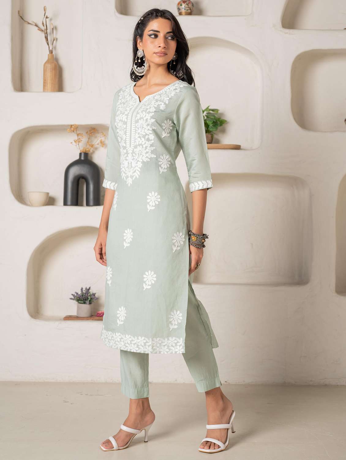 women solid with work three quarter sleeve kurta pant set - 22183394 -  Standard Image - 1
