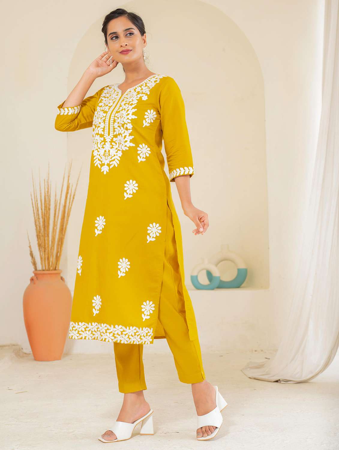 women solid with work three quarter sleeve kurta pant set - 22183395 -  Standard Image - 1