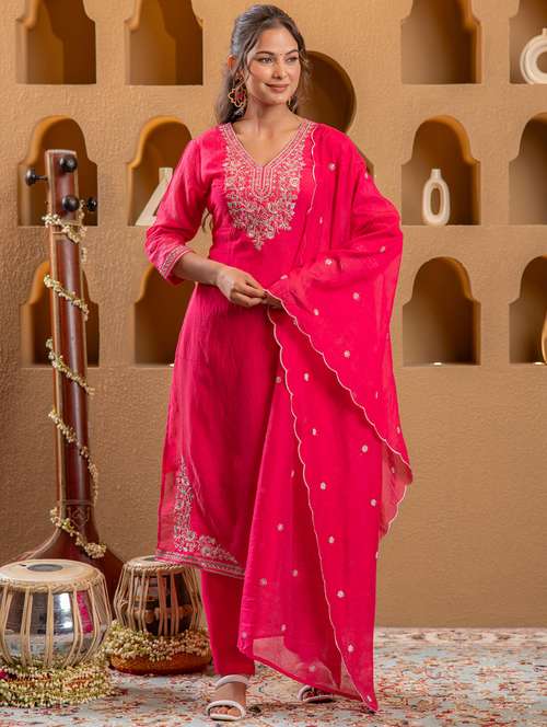 women solid with work three quarter sleeve kurta pant with dupatta set - 22183397 -  Standard Image - 0