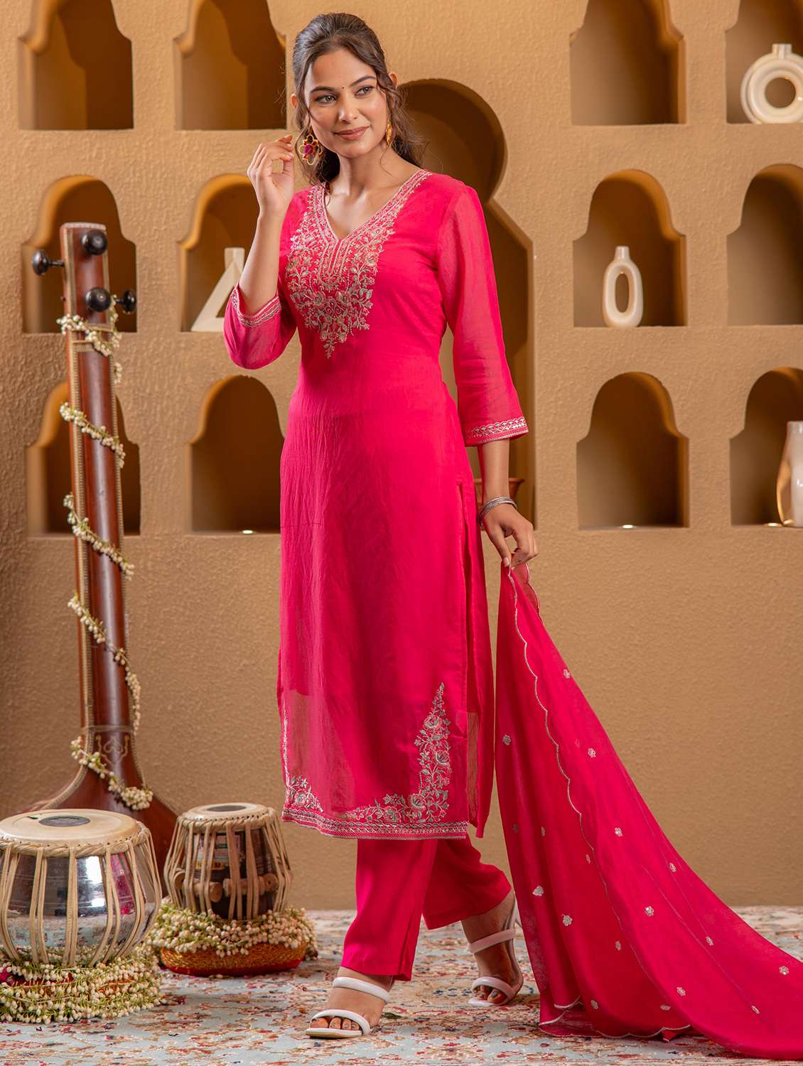 women solid with work three quarter sleeve kurta pant with dupatta set - 22183397 -  Standard Image - 1