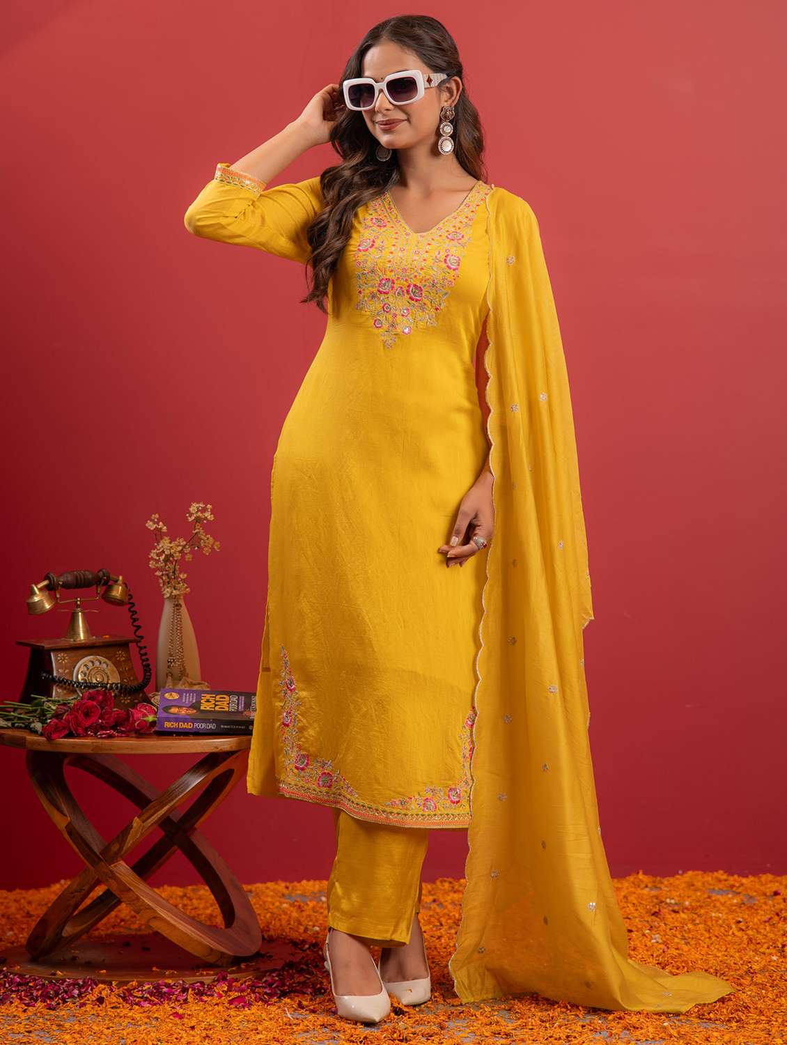 women solid with work three quarter sleeve kurta pant with dupatta set - 22183398 -  Standard Image - 1