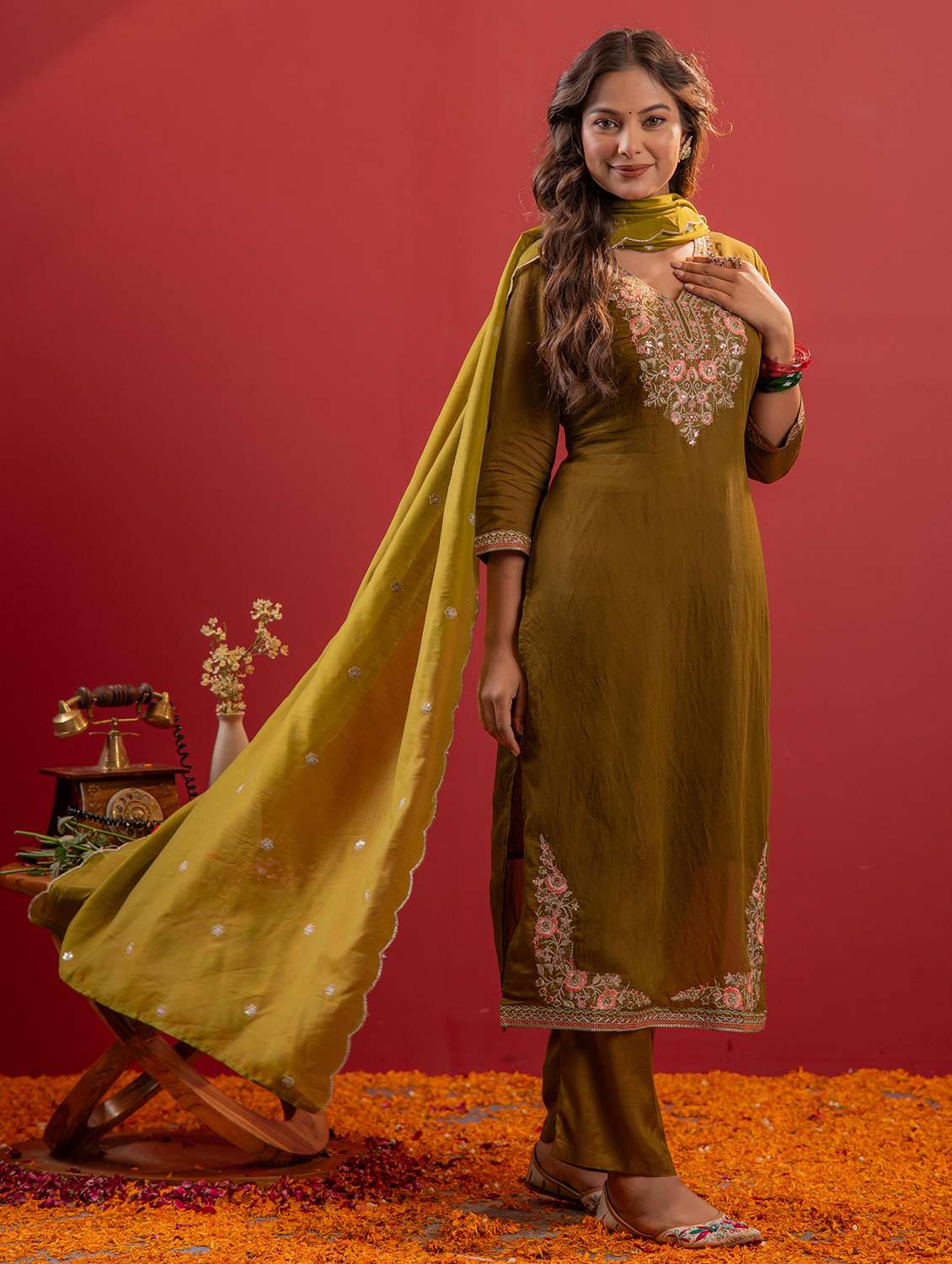 women solid with work three quarter sleeve kurta pant with dupatta set - 22183399 -  Standard Image - 1