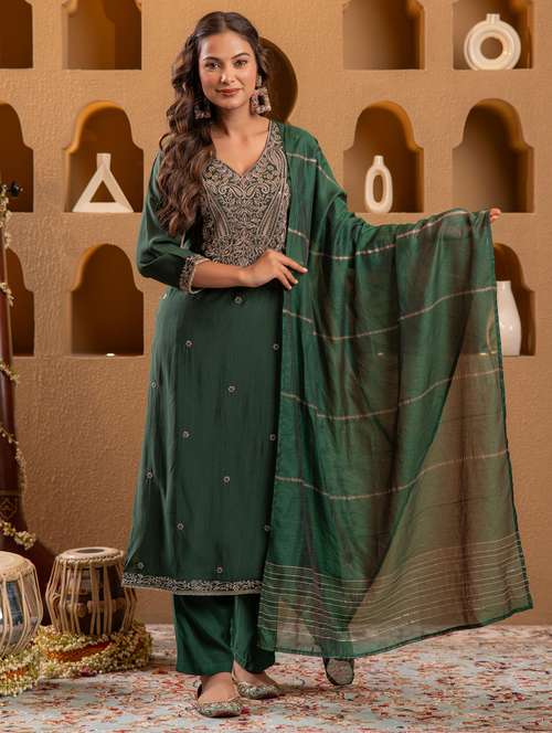 women solid with work three quarter sleeve kurta pant with dupatta set - 22183400 -  Standard Image - 0