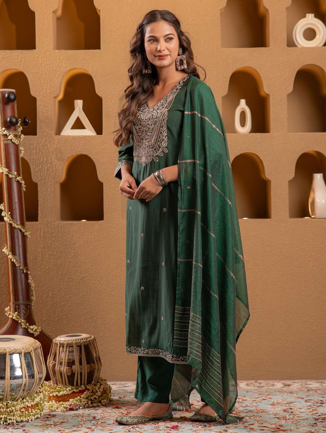 women solid with work three quarter sleeve kurta pant with dupatta set - 22183400 -  Standard Image - 1