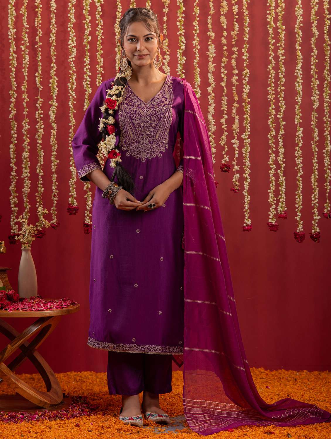 women solid with work three quarter sleeve kurta pant with dupatta set - 22183401 -  Standard Image - 1