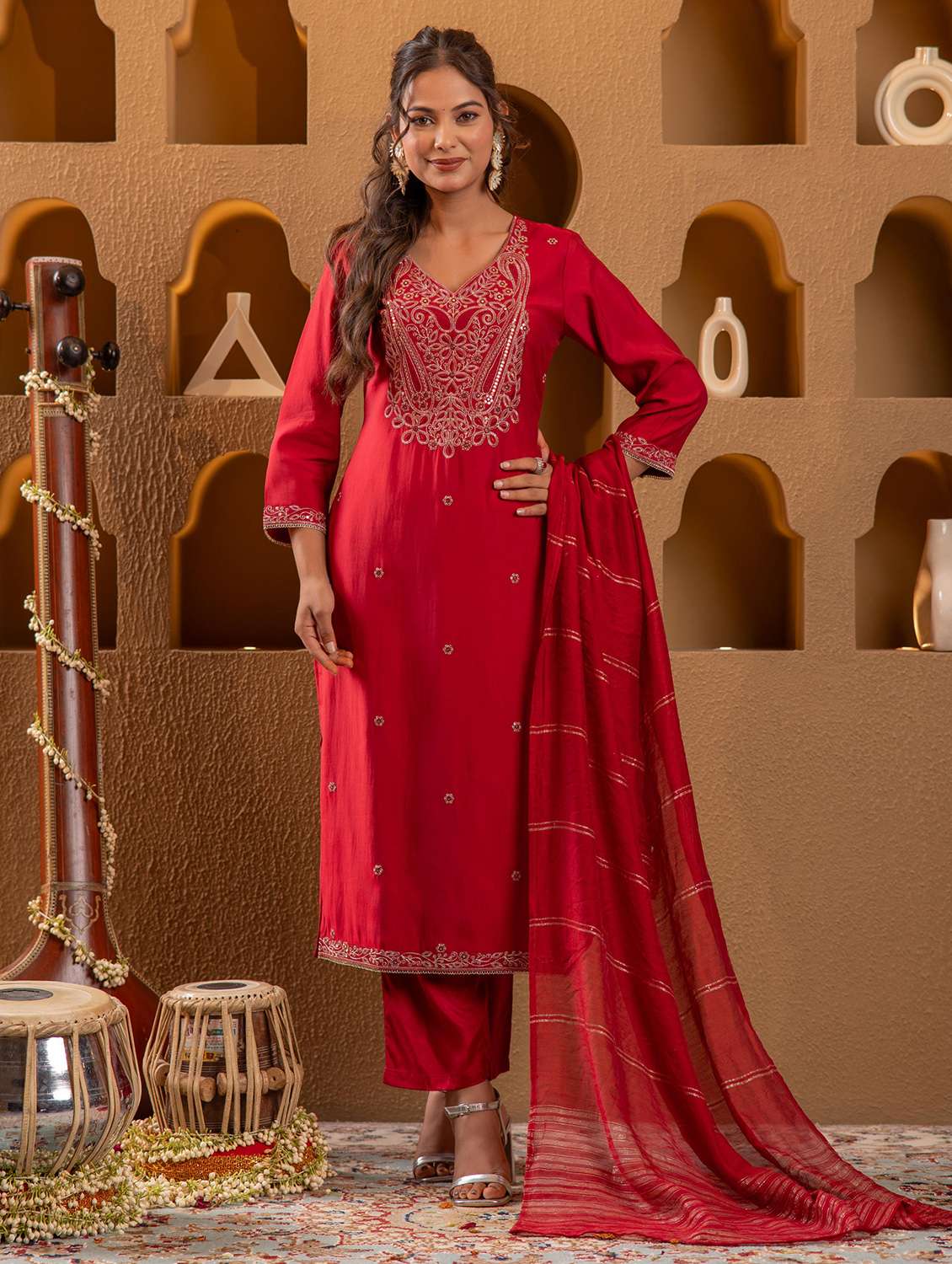 women solid with work three quarter sleeve kurta pant with dupatta set - 22183402 -  Standard Image - 1