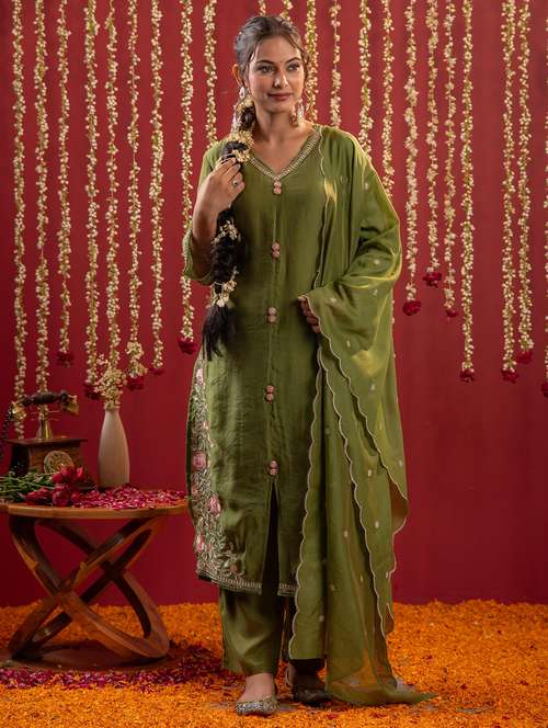 women solid with work three quarter sleeve kurta pant with dupatta set - 22183404 -  Standard Image - 0