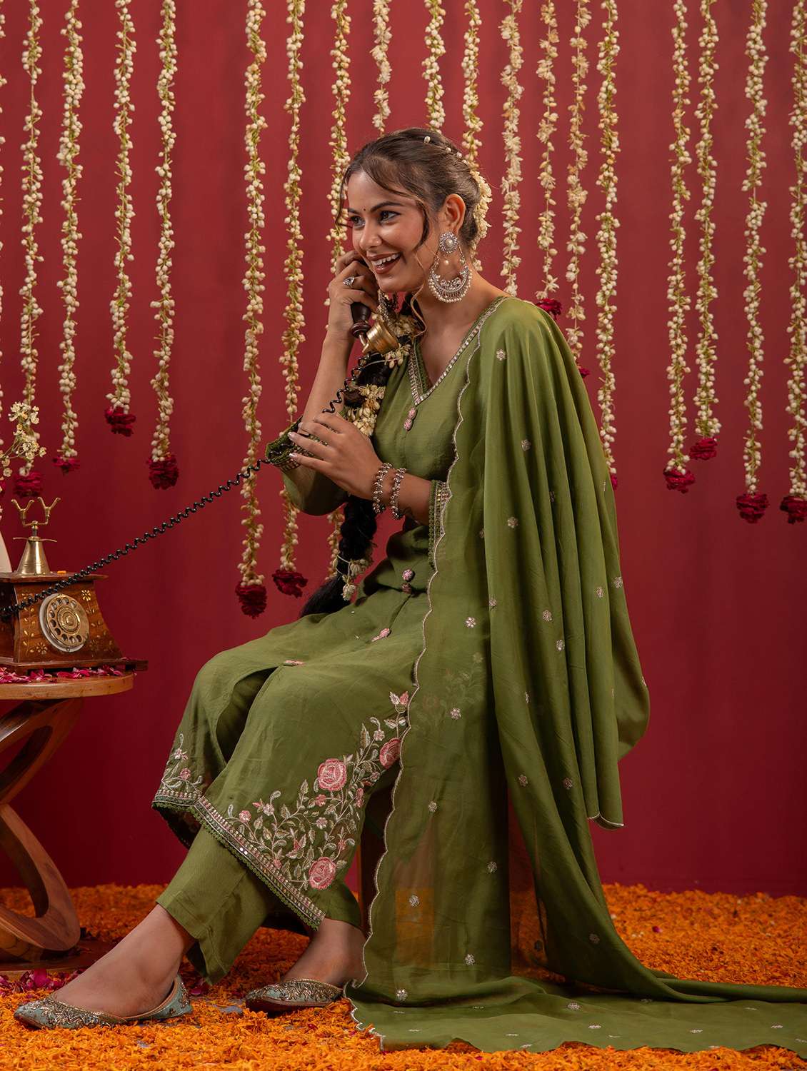 women solid with work three quarter sleeve kurta pant with dupatta set - 22183404 -  Standard Image - 1