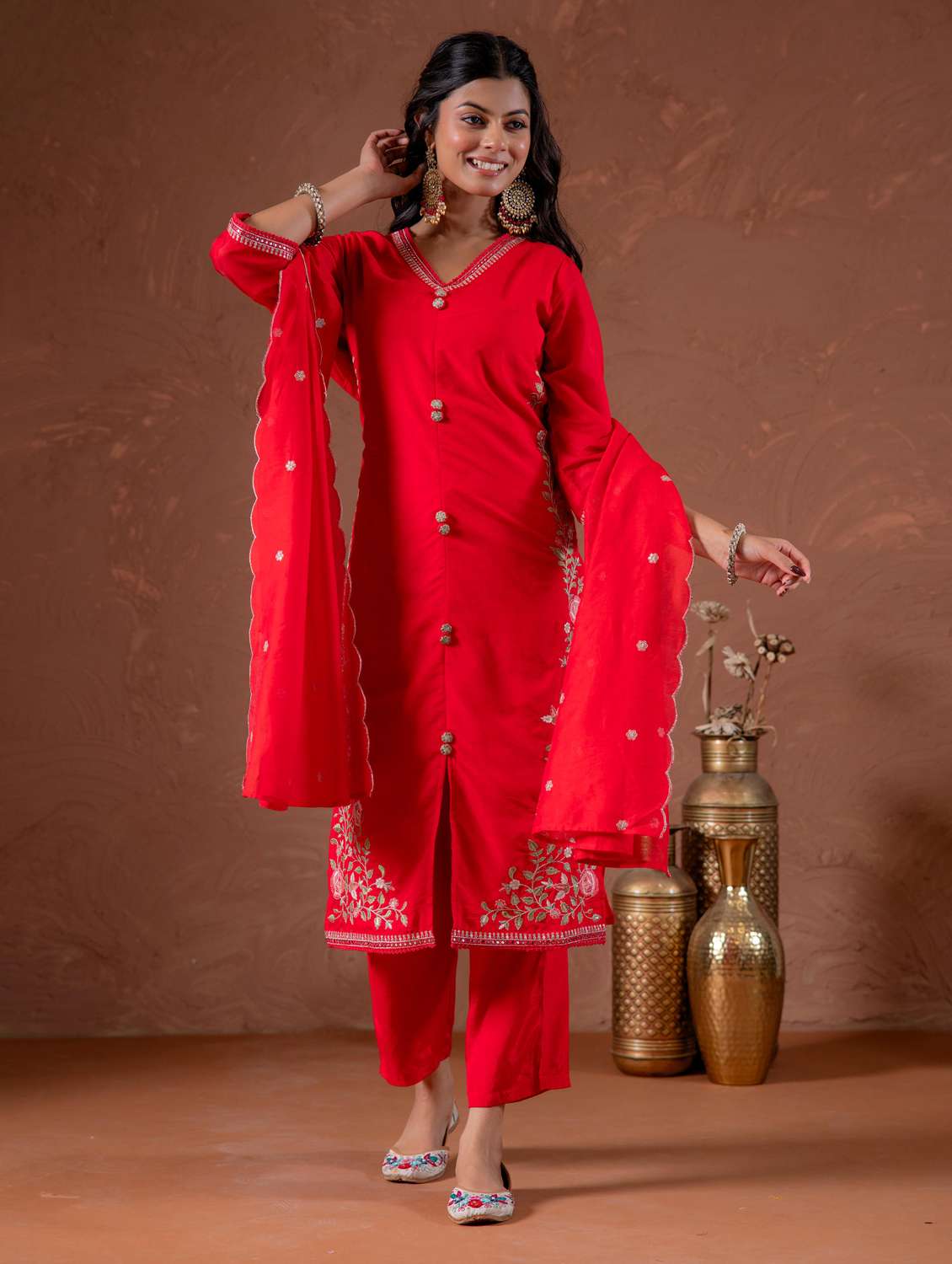 women solid with work three quarter sleeve kurta pant with dupatta set - 22183405 -  Standard Image - 1