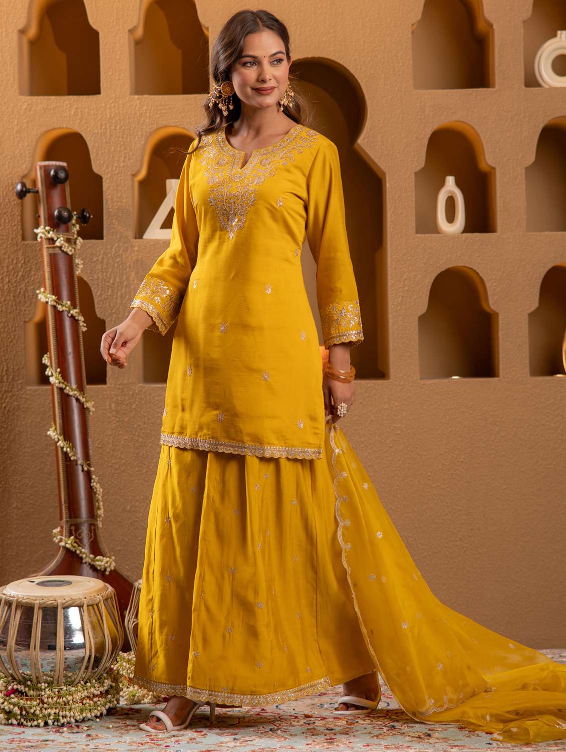 women solid with work three quarter sleeve kurta palazzo with dupatta set - 22183406 -  Standard Image - 1