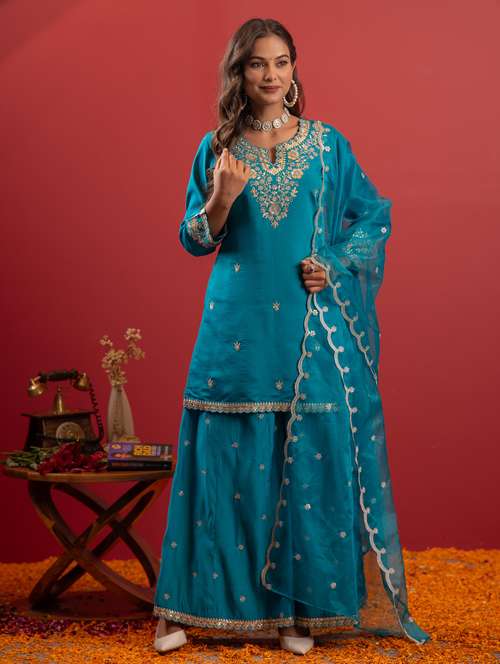 women solid with work three quarter sleeve kurta palazzo with dupatta set - 22183407 -  Standard Image - 0