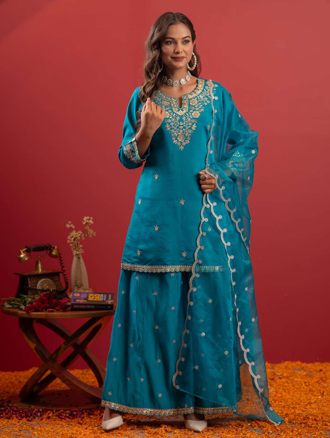 women solid with work three quarter sleeve kurta palazzo with dupatta set