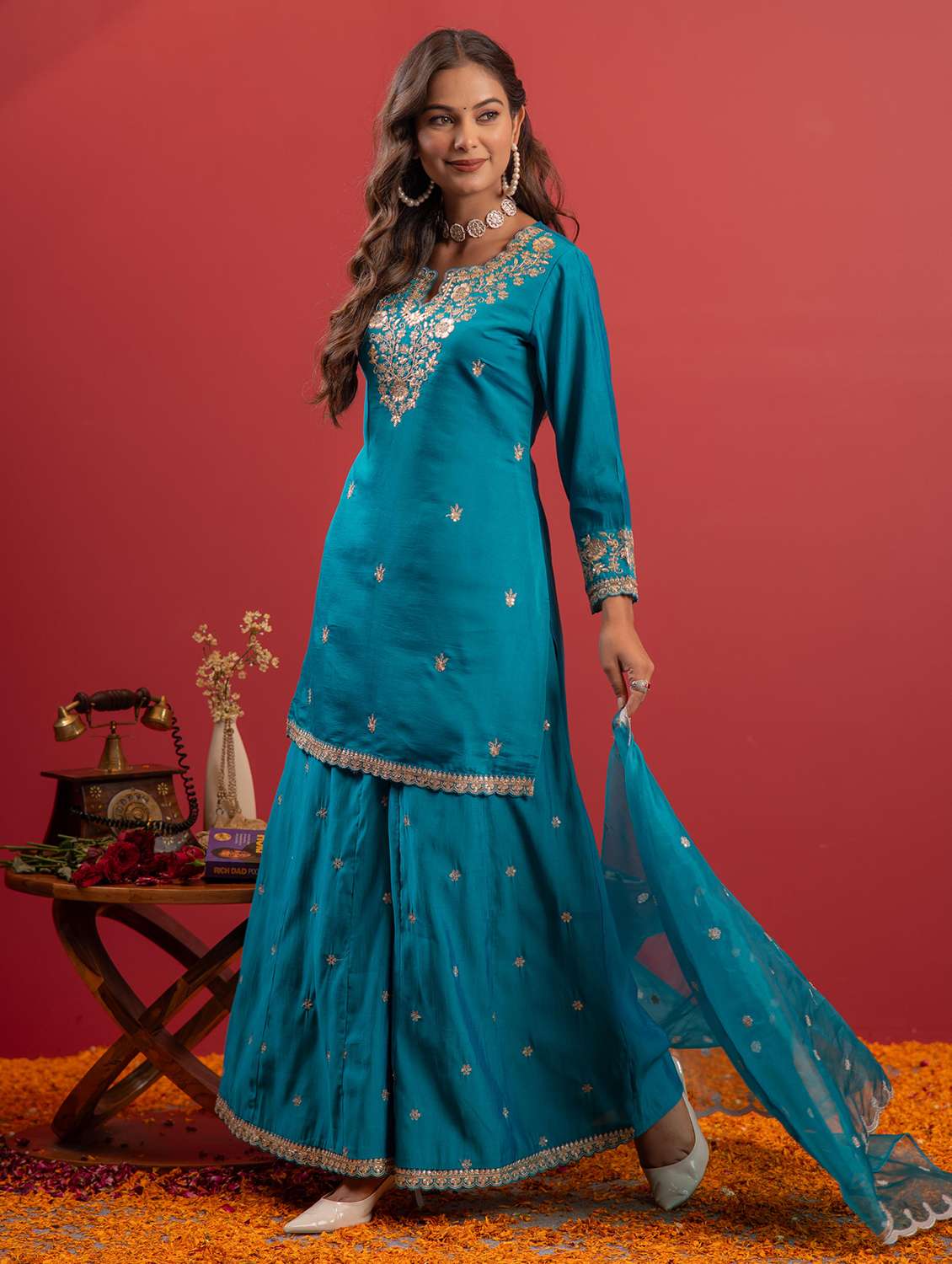 women solid with work three quarter sleeve kurta palazzo with dupatta set - 22183407 -  Standard Image - 1