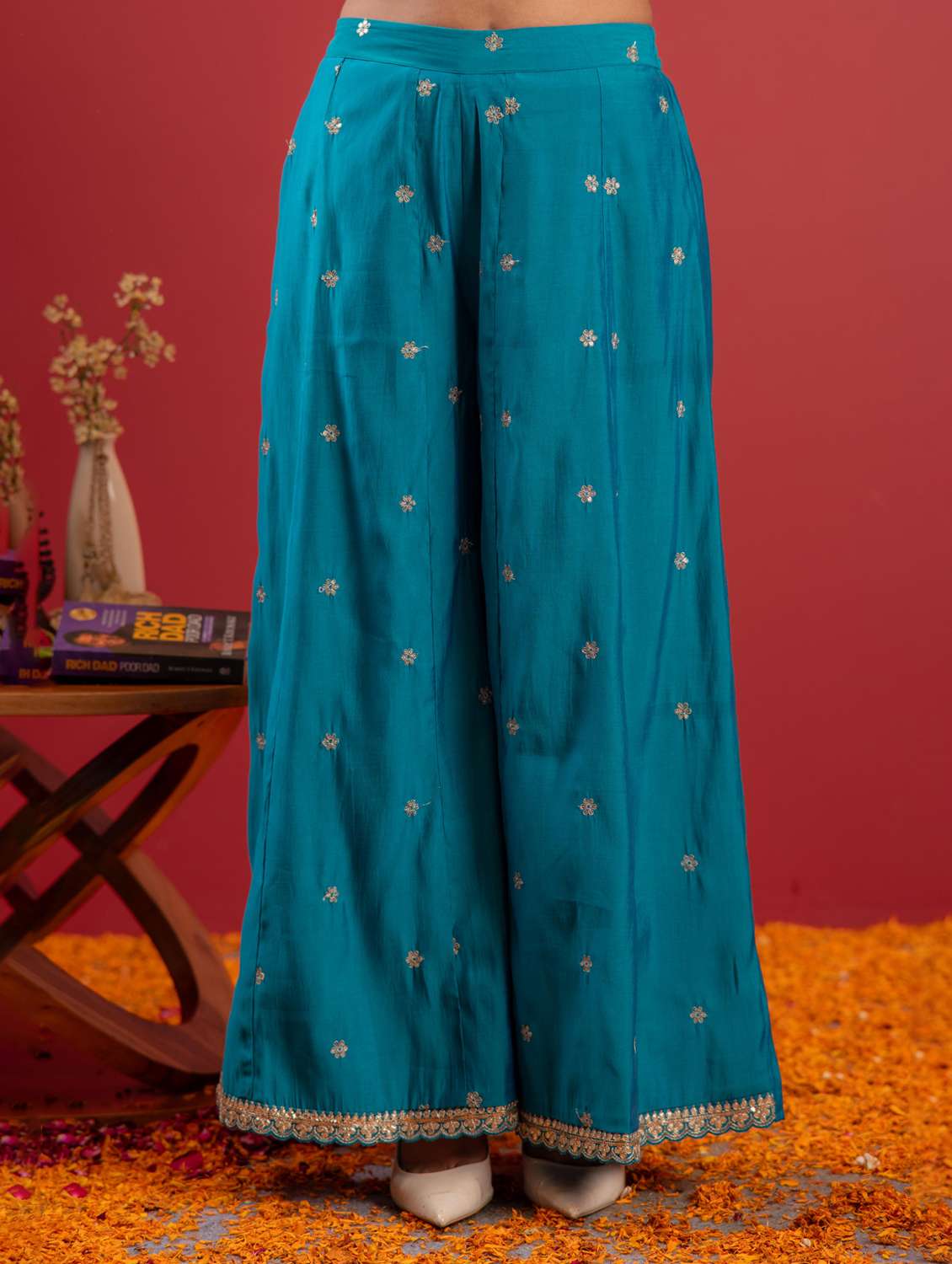 women solid with work three quarter sleeve kurta palazzo with dupatta set - 22183407 -  Standard Image - 4