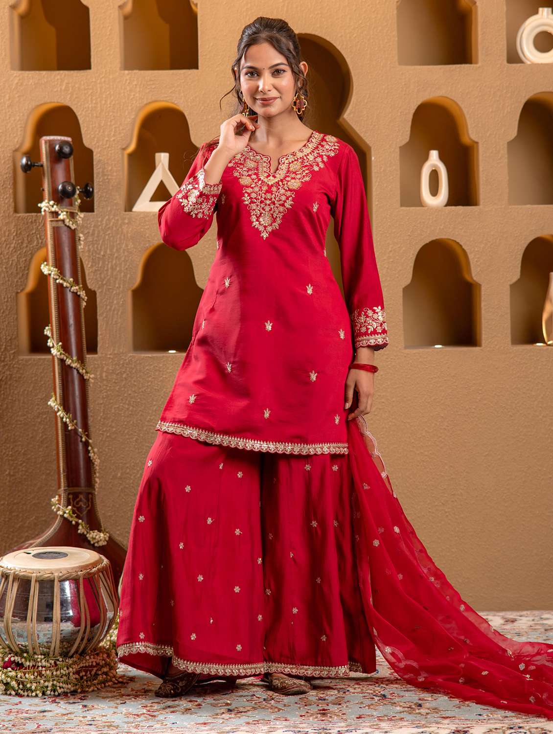 women solid with work three quarter sleeve kurta palazzo with dupatta set - 22183408 -  Standard Image - 1