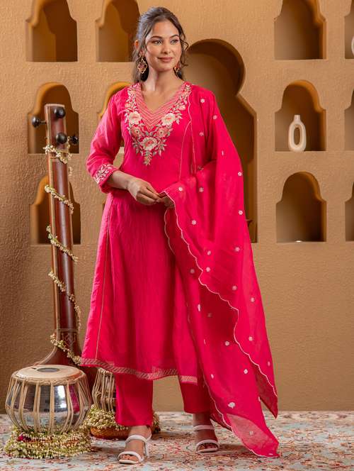 women solid with work three quarter sleeve kurta pant with dupatta set - 22183409 -  Standard Image - 0