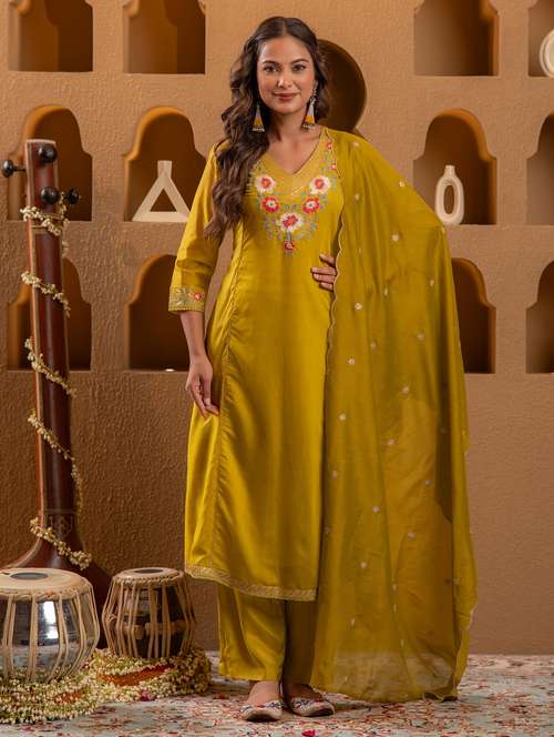 women solid with work three quarter sleeve kurta pant with dupatta set - 22183410 -  Standard Image - 0