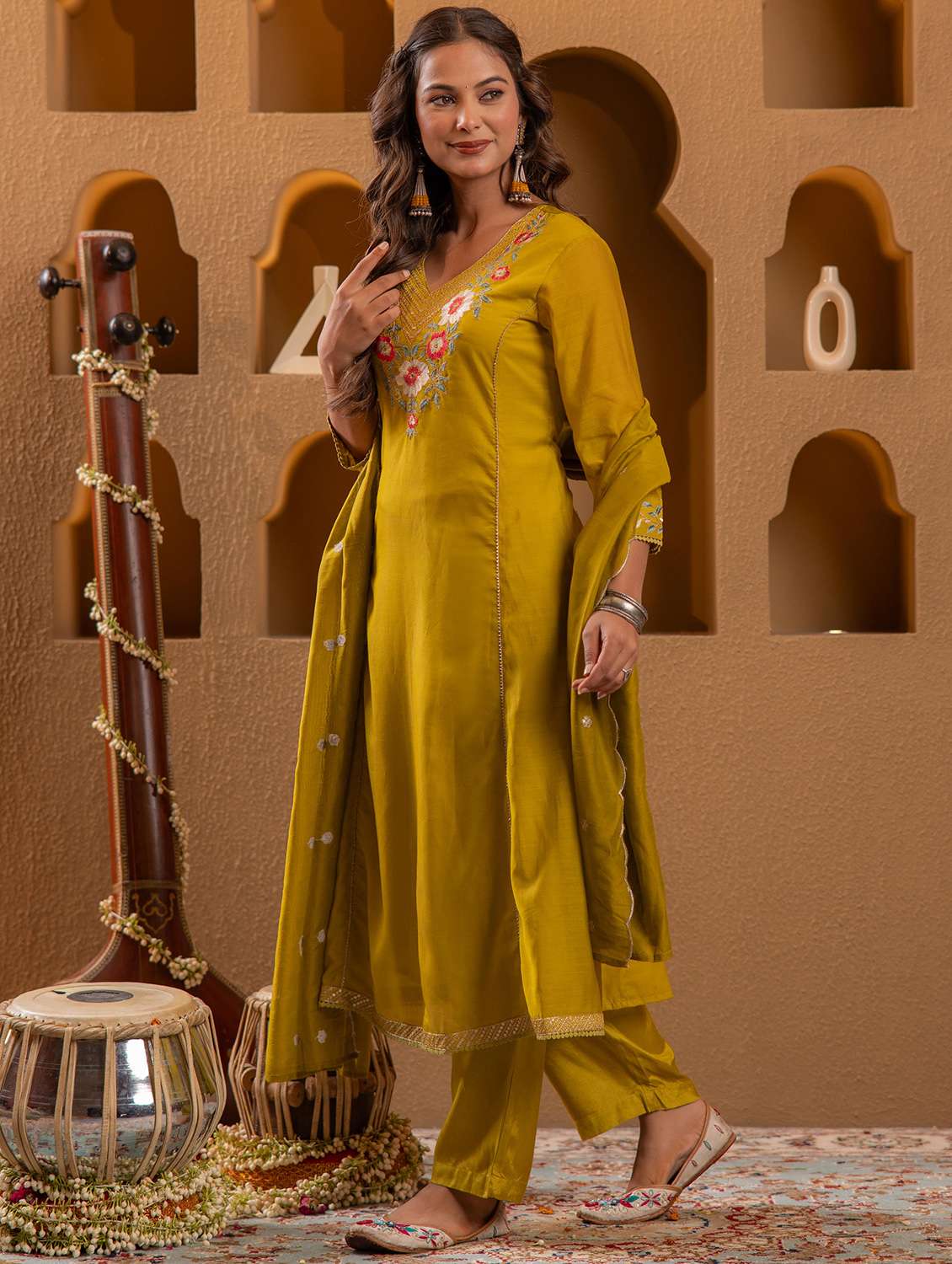 women solid with work three quarter sleeve kurta pant with dupatta set - 22183410 -  Standard Image - 1