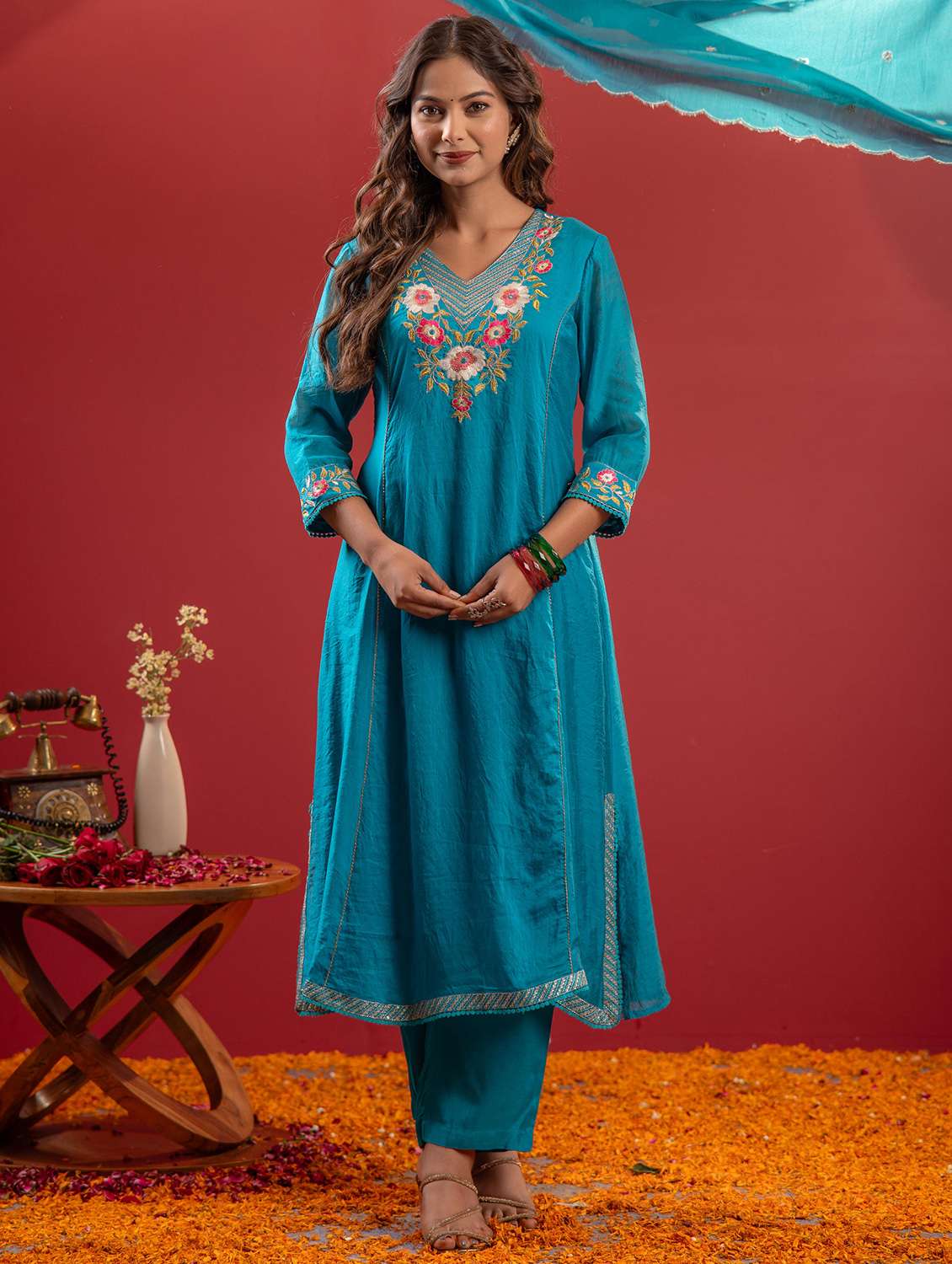 women solid with work three quarter sleeve kurta pant with dupatta set - 22183411 -  Standard Image - 1