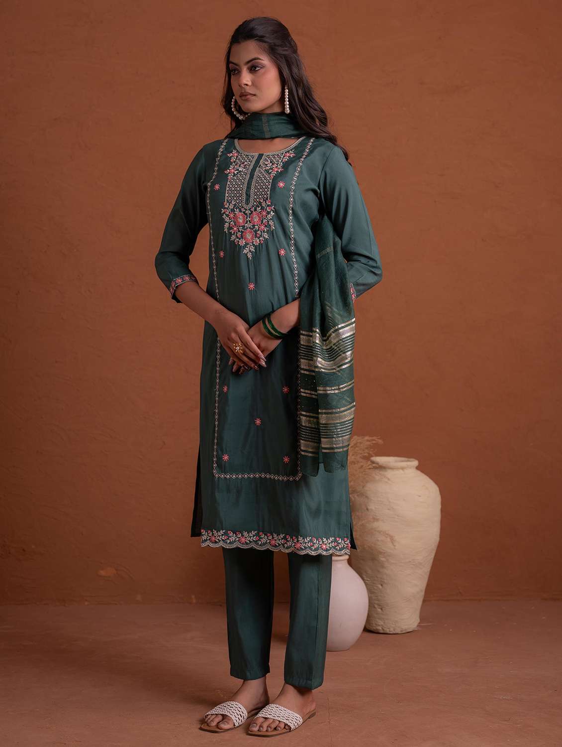 women solid with work three quarter sleeve kurta pant with dupatta set - 22183414 -  Standard Image - 1