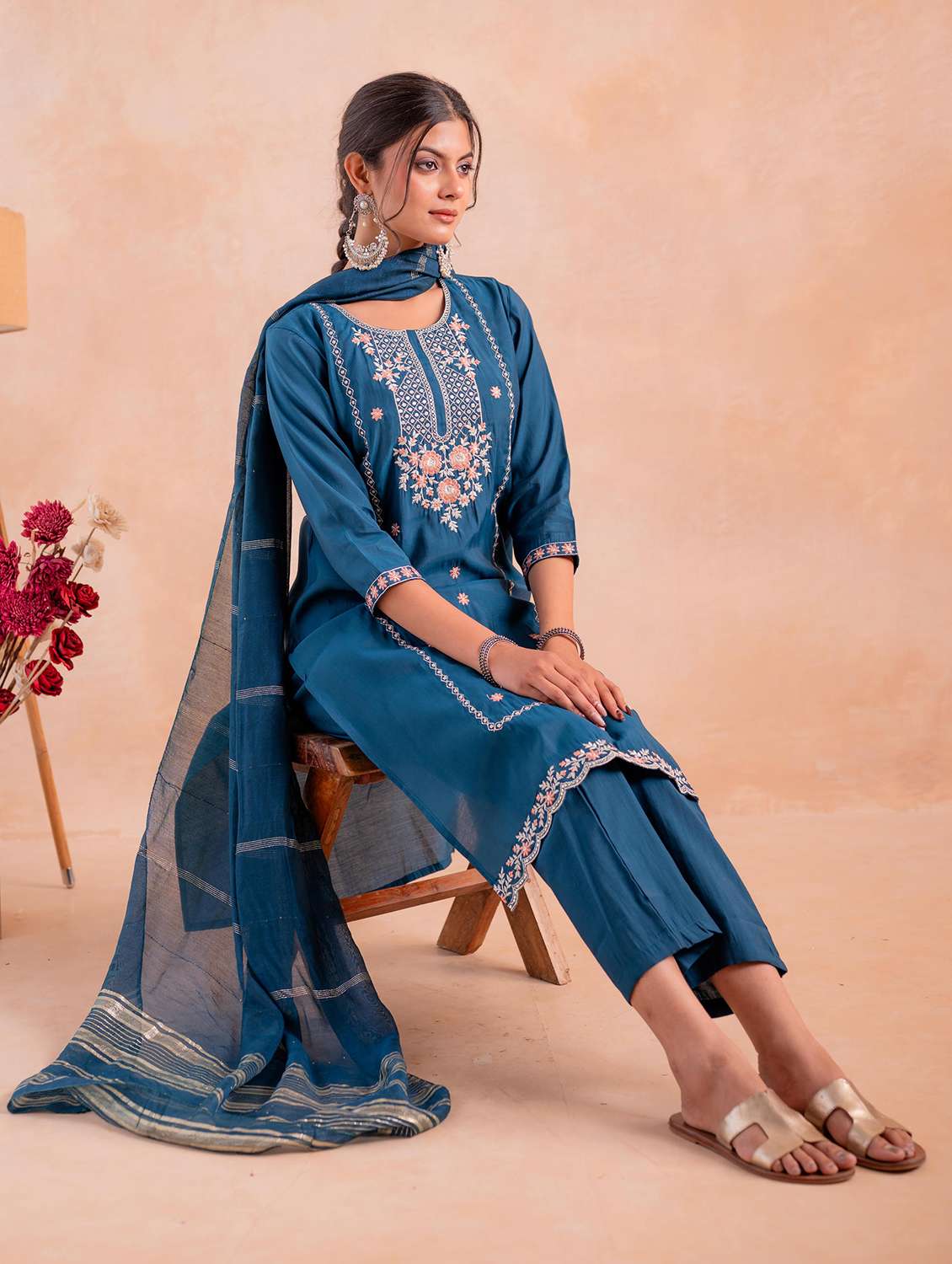 women solid with work three quarter sleeve kurta pant with dupatta set - 22183415 -  Standard Image - 1