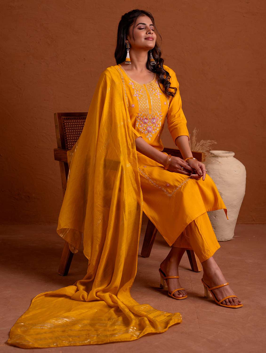 women solid with work three quarter sleeve kurta pant with dupatta set - 22183416 -  Standard Image - 1