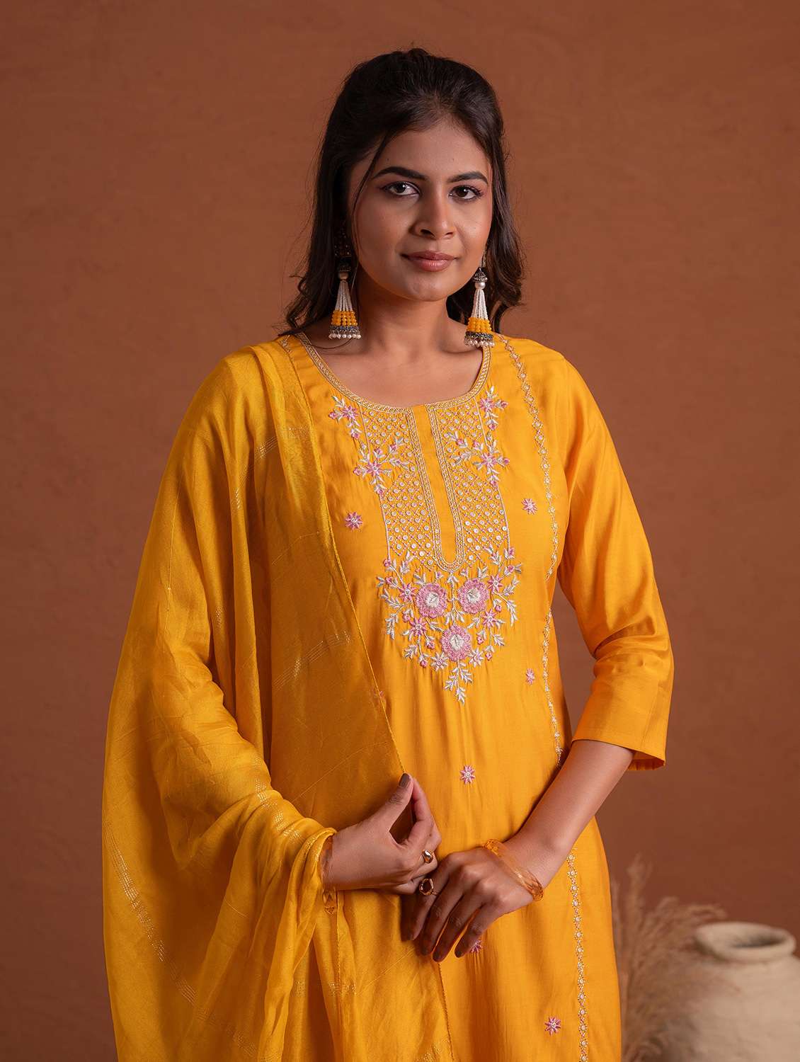 women solid with work three quarter sleeve kurta pant with dupatta set - 22183416 -  Standard Image - 4