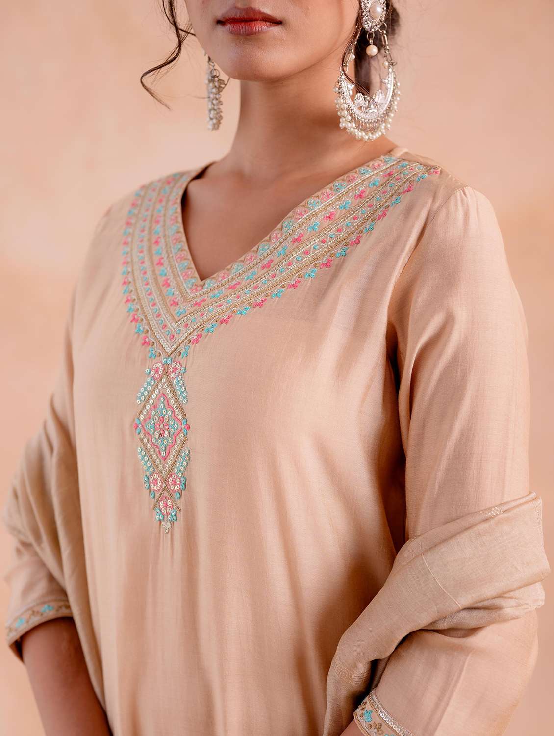 women solid with work three quarter sleeve kurta pant with dupatta set - 22183417 -  Standard Image - 4