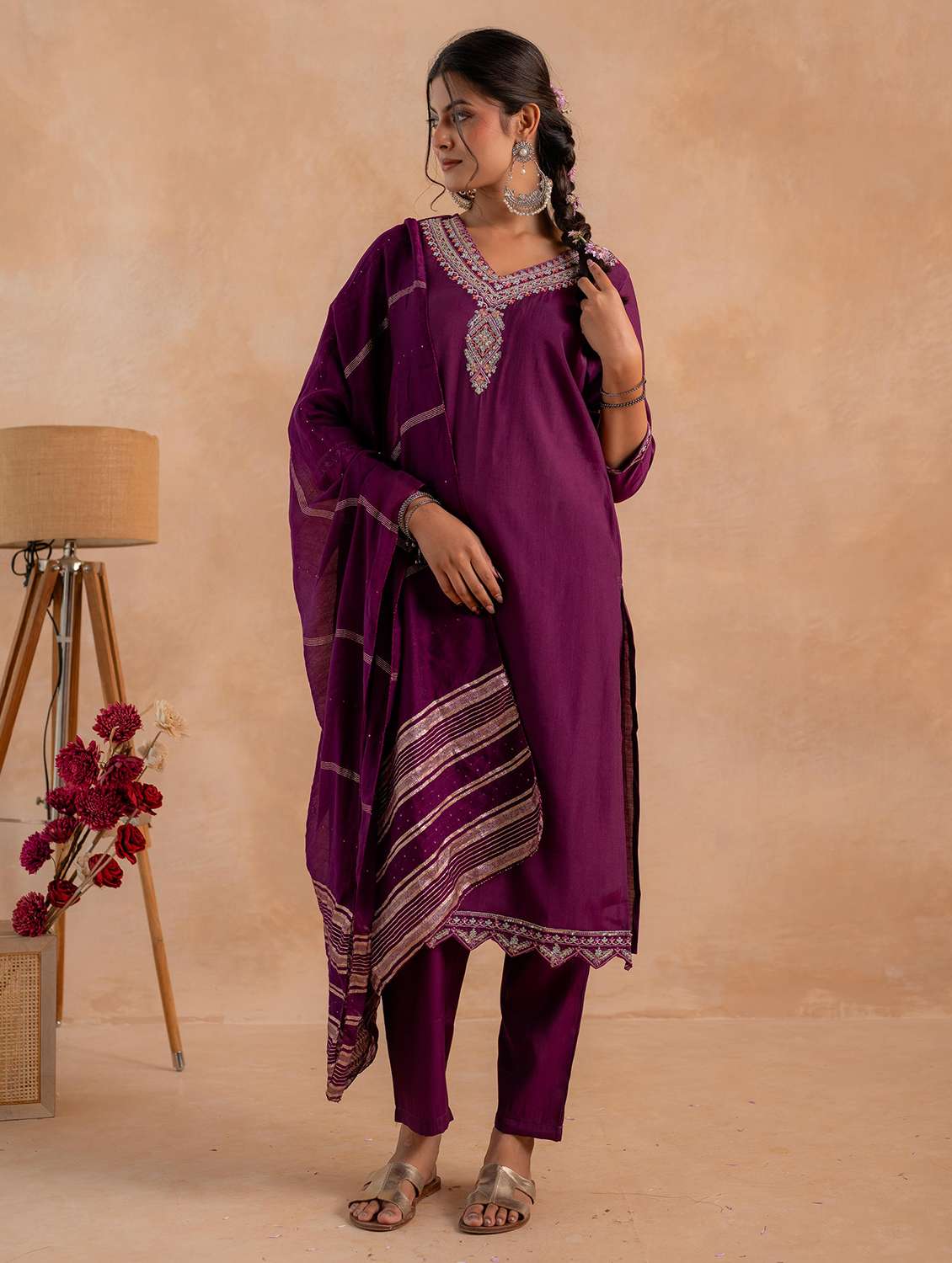 women solid with work three quarter sleeve kurta pant with dupatta set