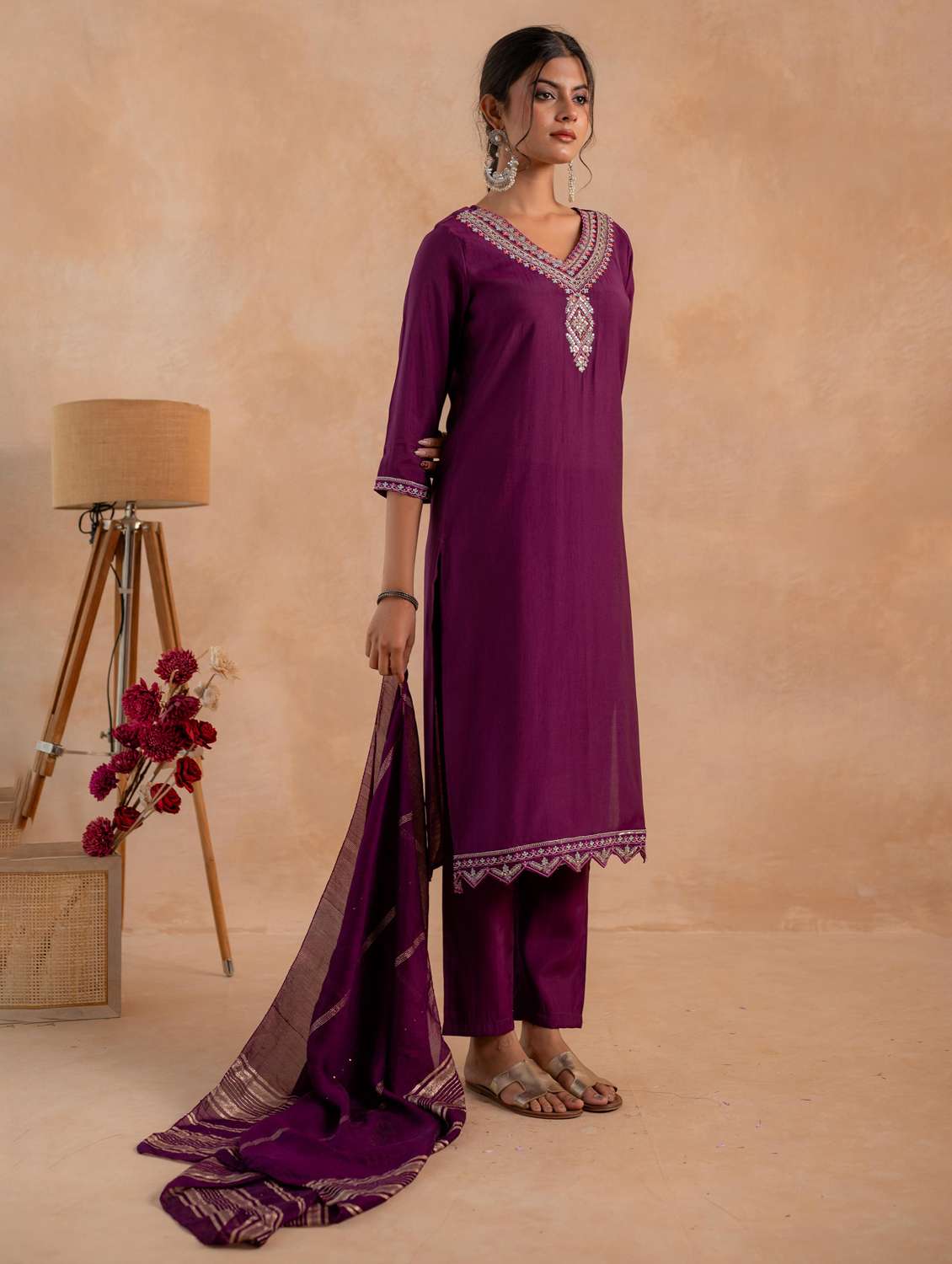 women solid with work three quarter sleeve kurta pant with dupatta set - 22183418 -  Standard Image - 1