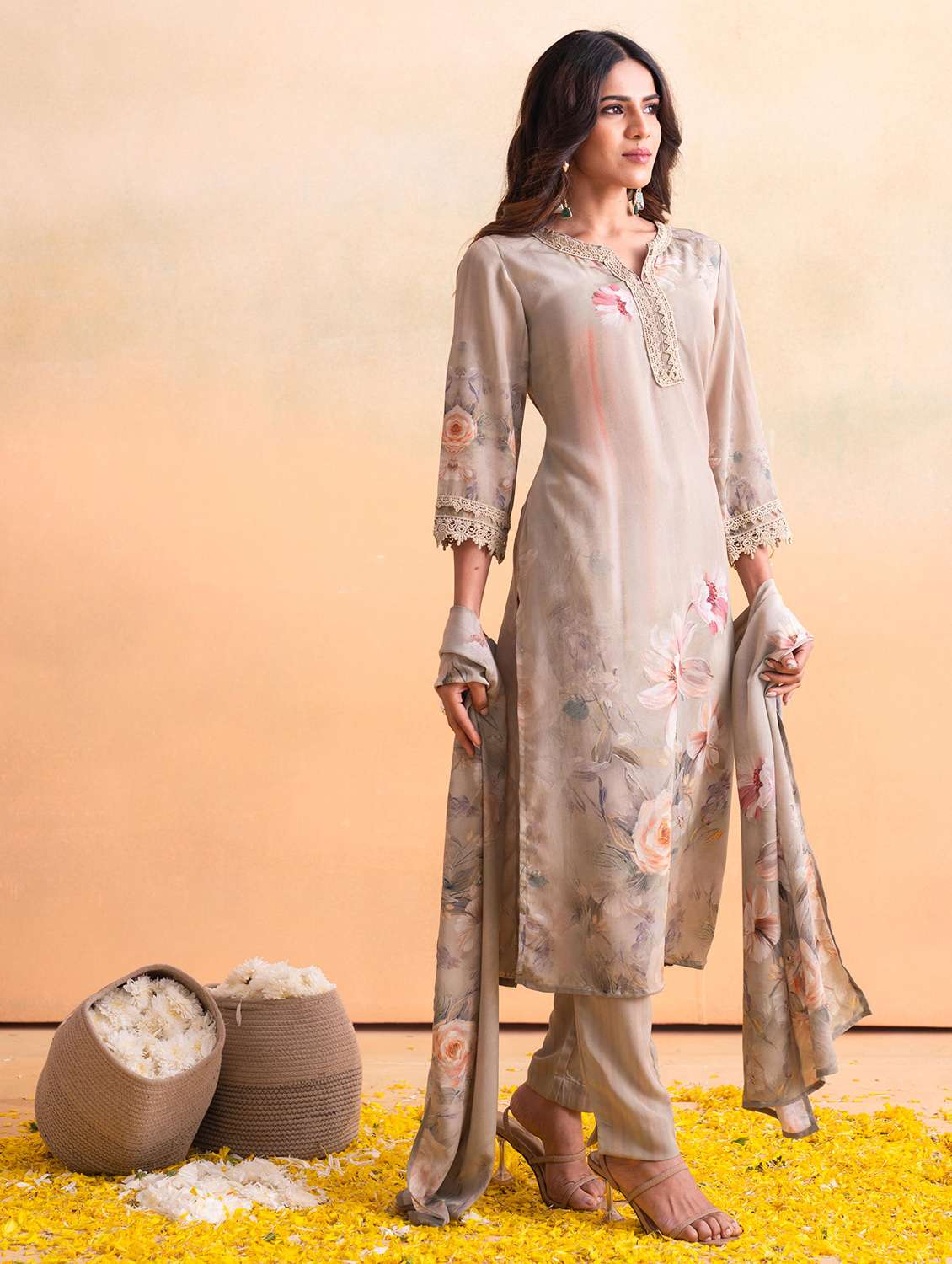 women floral printed three quarter sleeve kurta pant with dupatta set - 22183419 -  Standard Image - 1