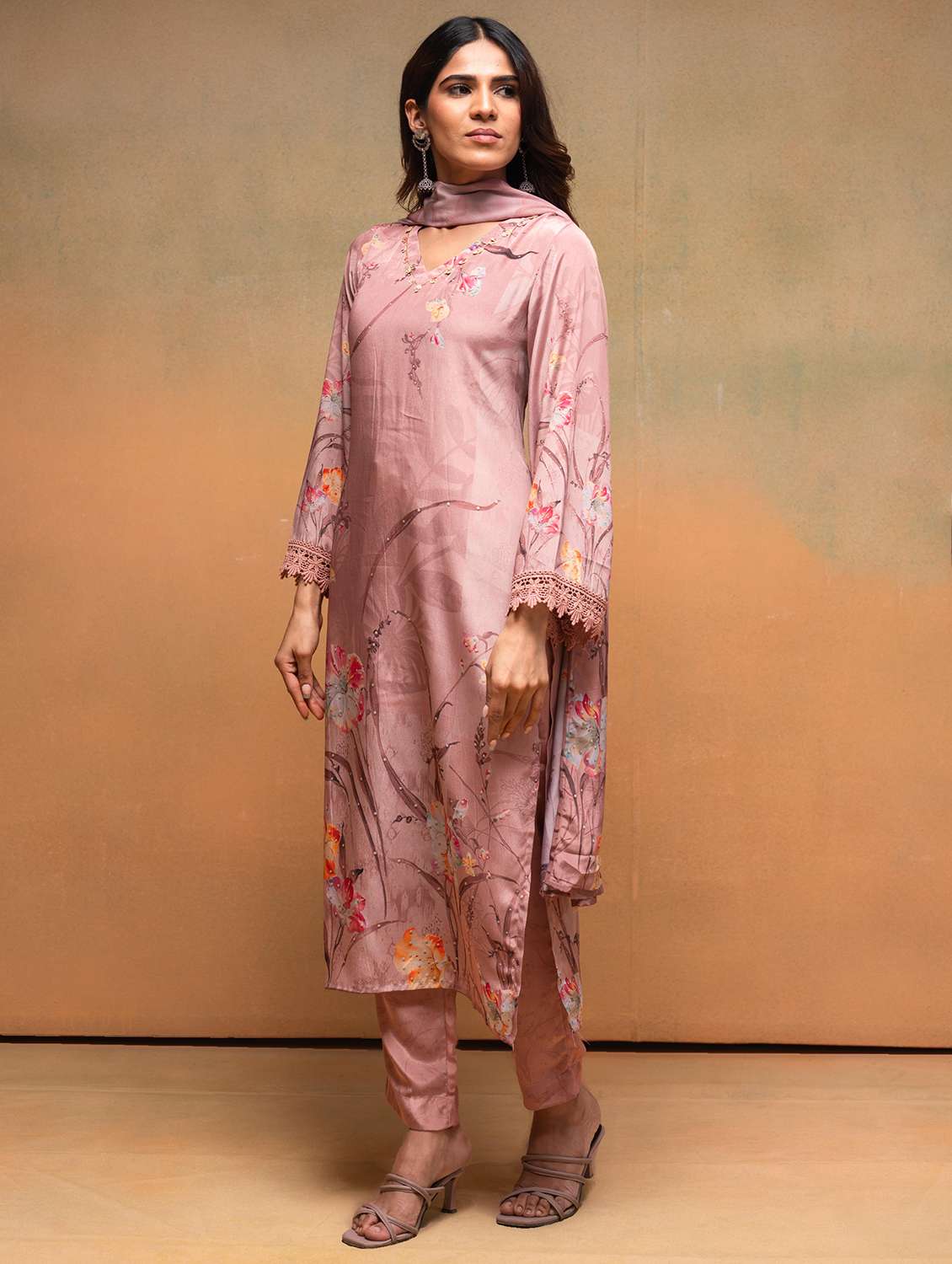 women solid with work long sleeve kurta pant with dupatta set - 22183420 -  Standard Image - 1
