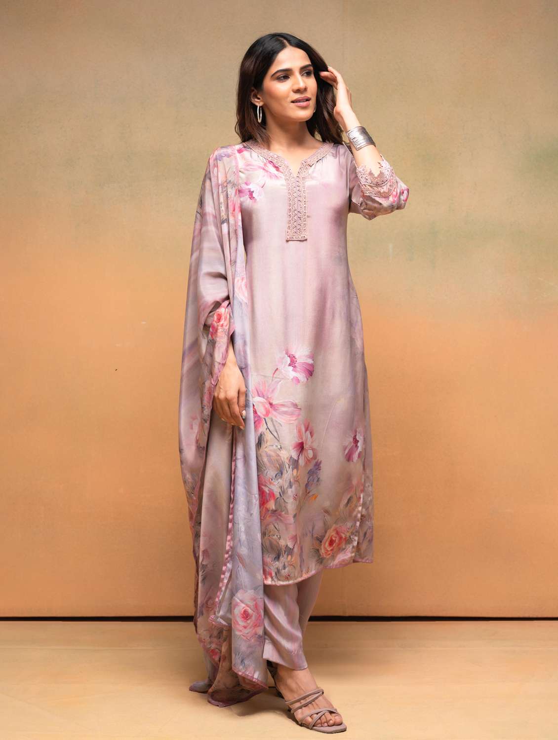 women floral printed three quarter sleeve kurta pant with dupatta set - 22183421 -  Standard Image - 1