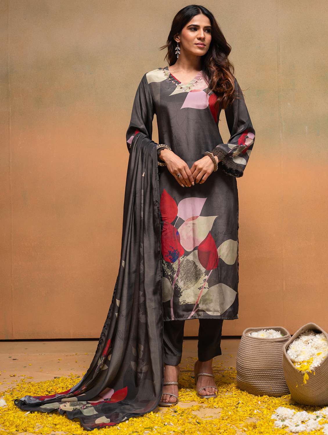 women solid with work long sleeve kurta pant with dupatta set - 22183423 -  Standard Image - 1