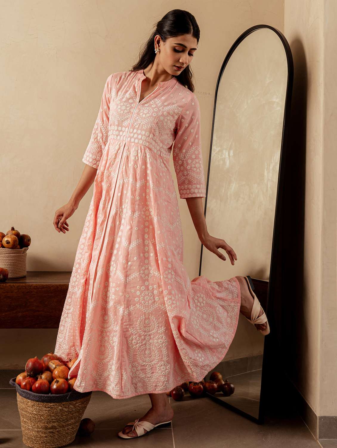 women solid with work three quarter sleeve fit & flared ethnic dress - 22183426 -  Standard Image - 1