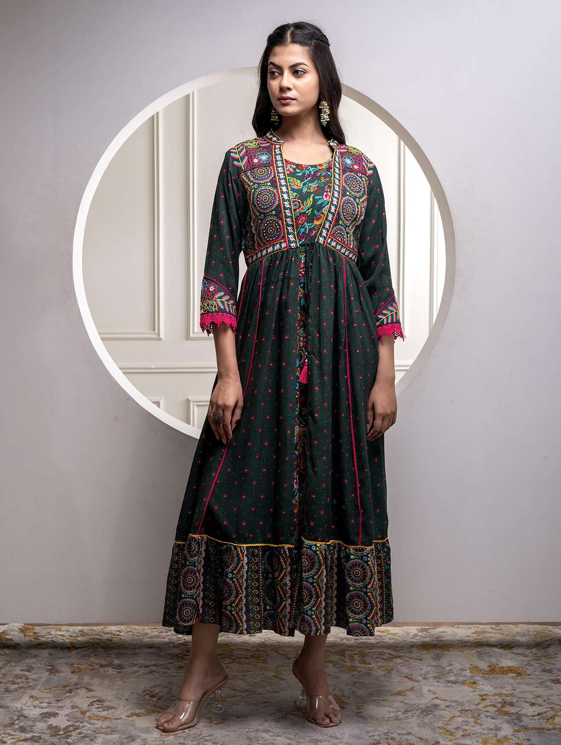 women printed three quarter sleeve fit & flare ethnic dress - 22183427 -  Standard Image - 1