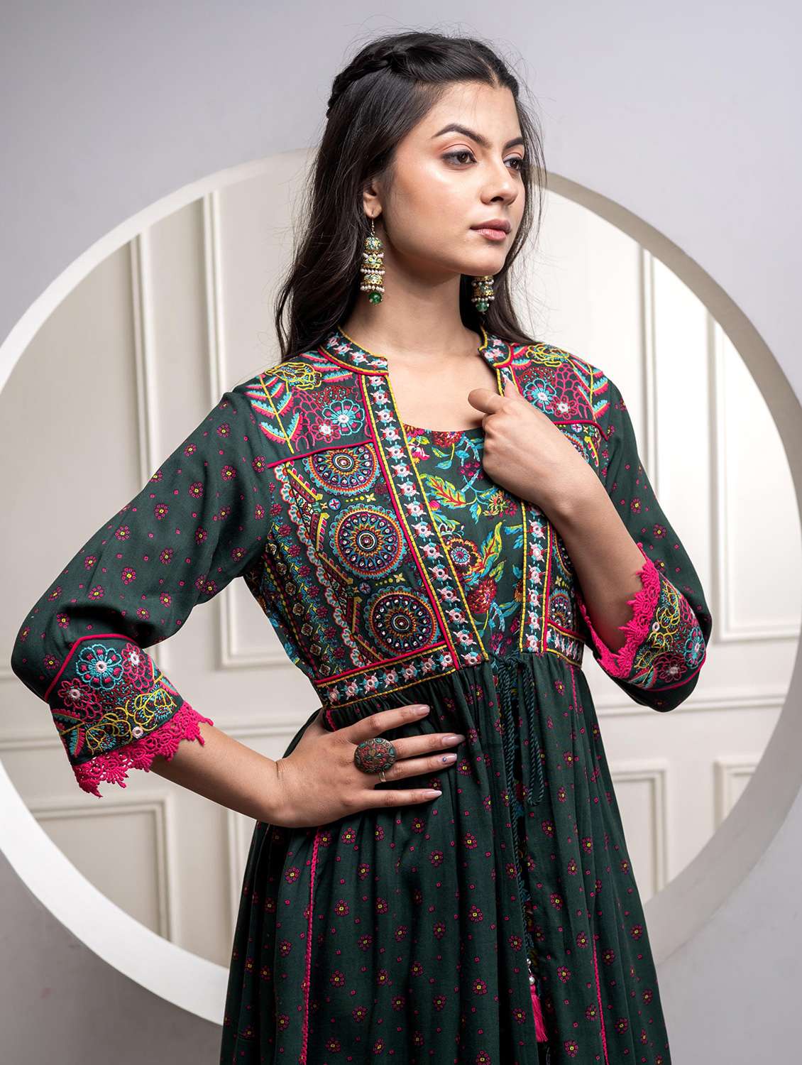 women printed three quarter sleeve fit & flare ethnic dress - 22183427 -  Standard Image - 4