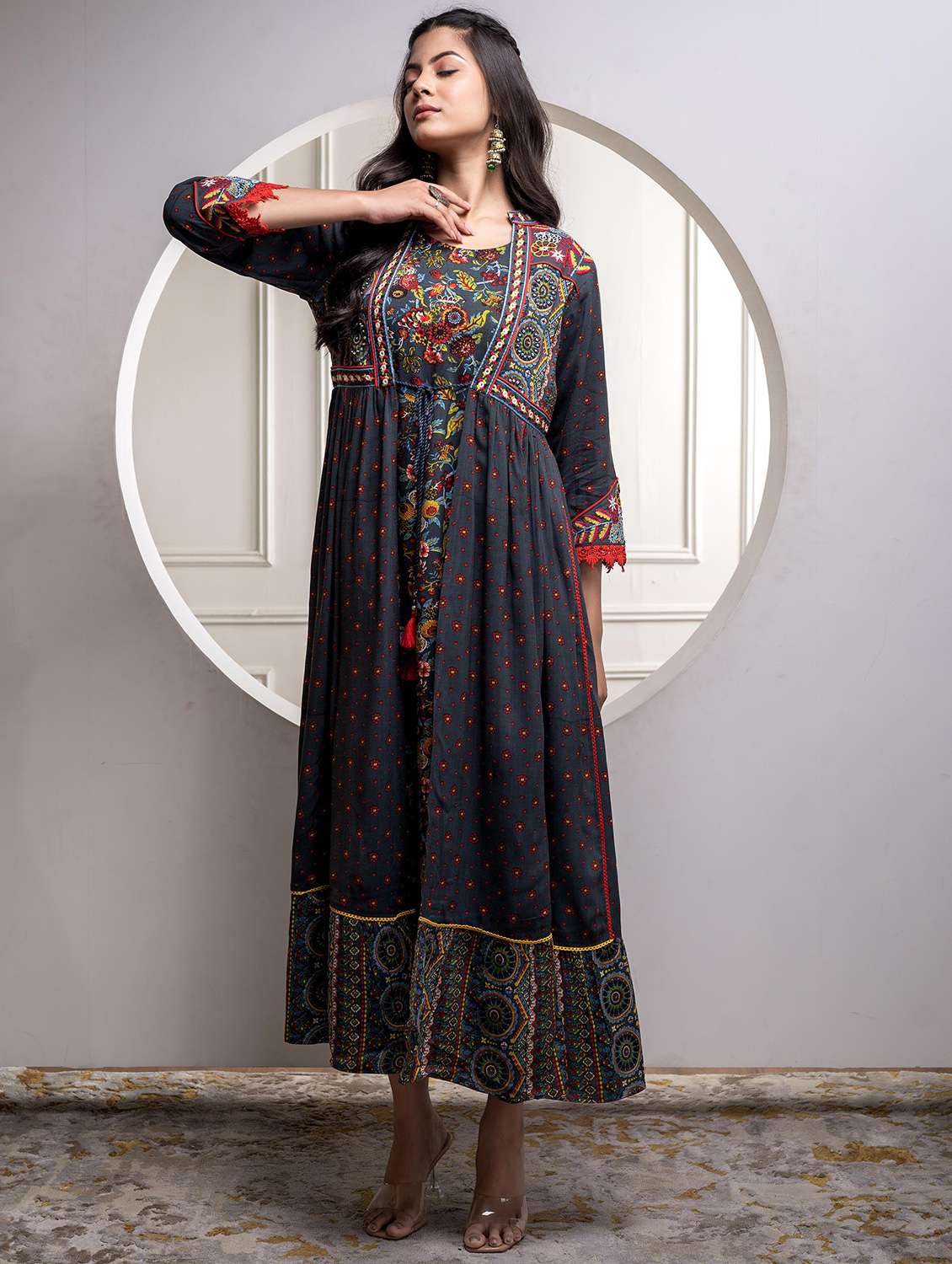 women printed three quarter sleeve fit & flare ethnic dress - 22183428 -  Standard Image - 1