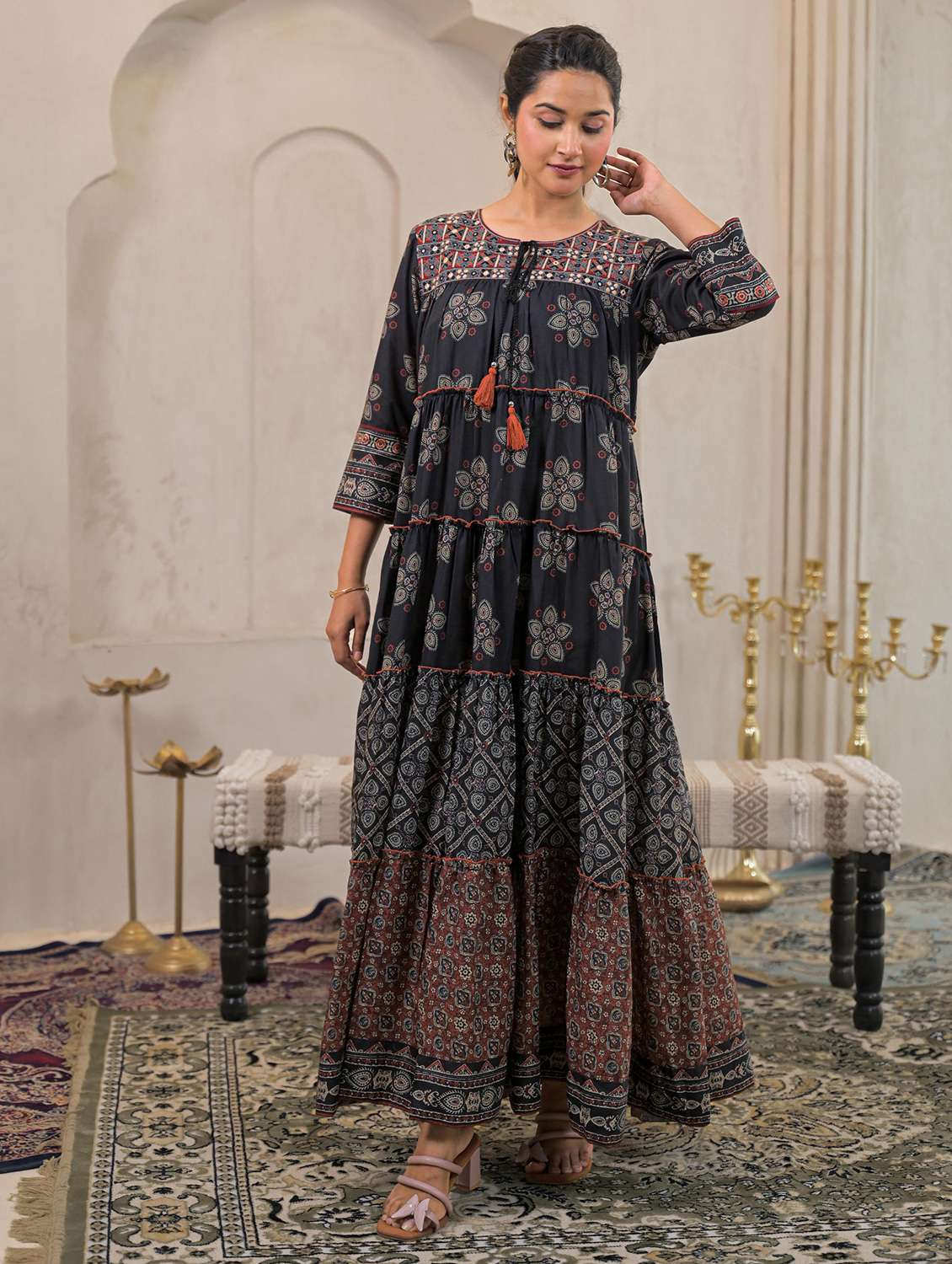 women printed three quarter sleeve tiered ethnic dress - 22183429 -  Standard Image - 1