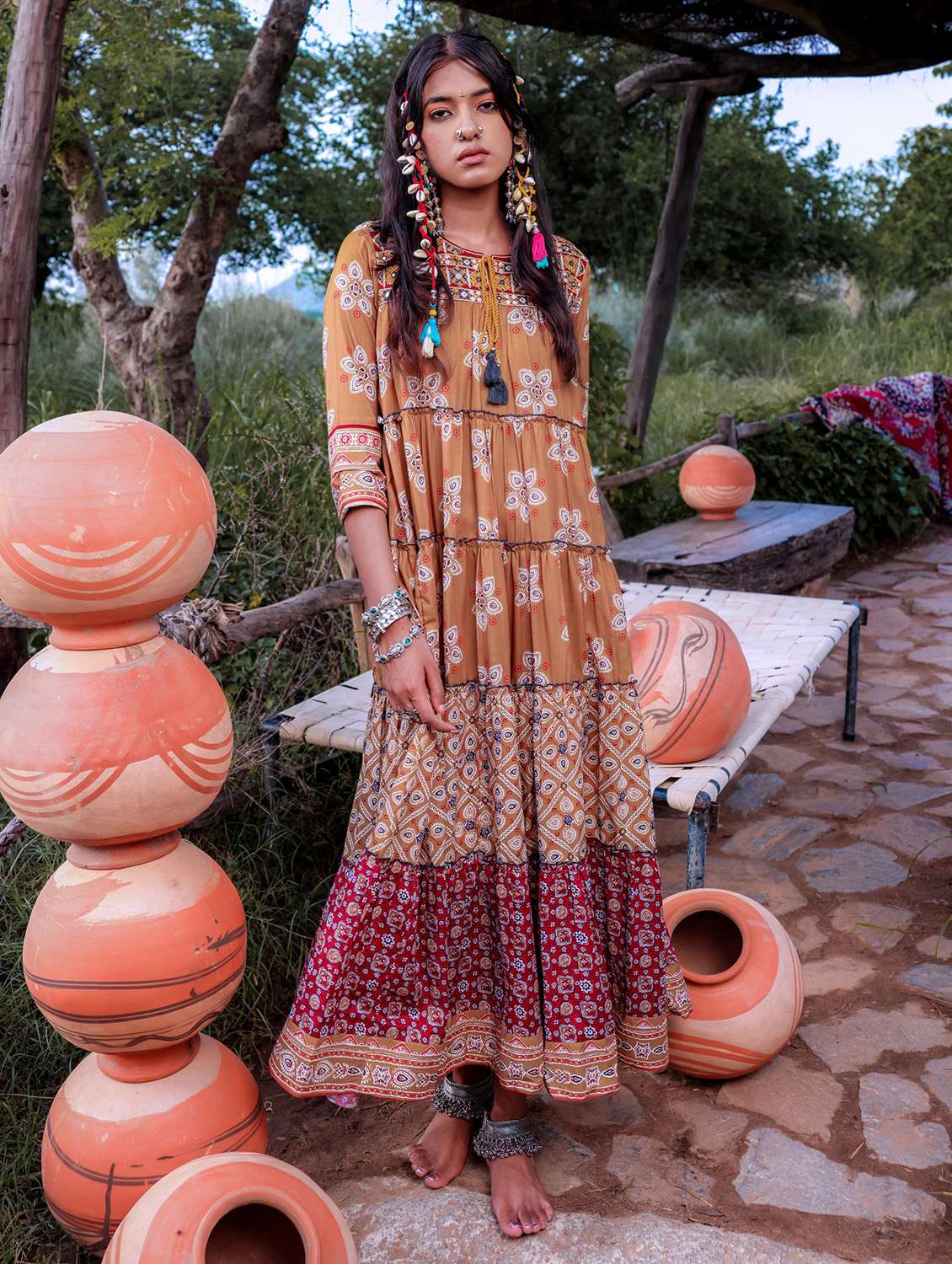 women printed three quarter sleeve tiered ethnic dress - 22183430 -  Standard Image - 1