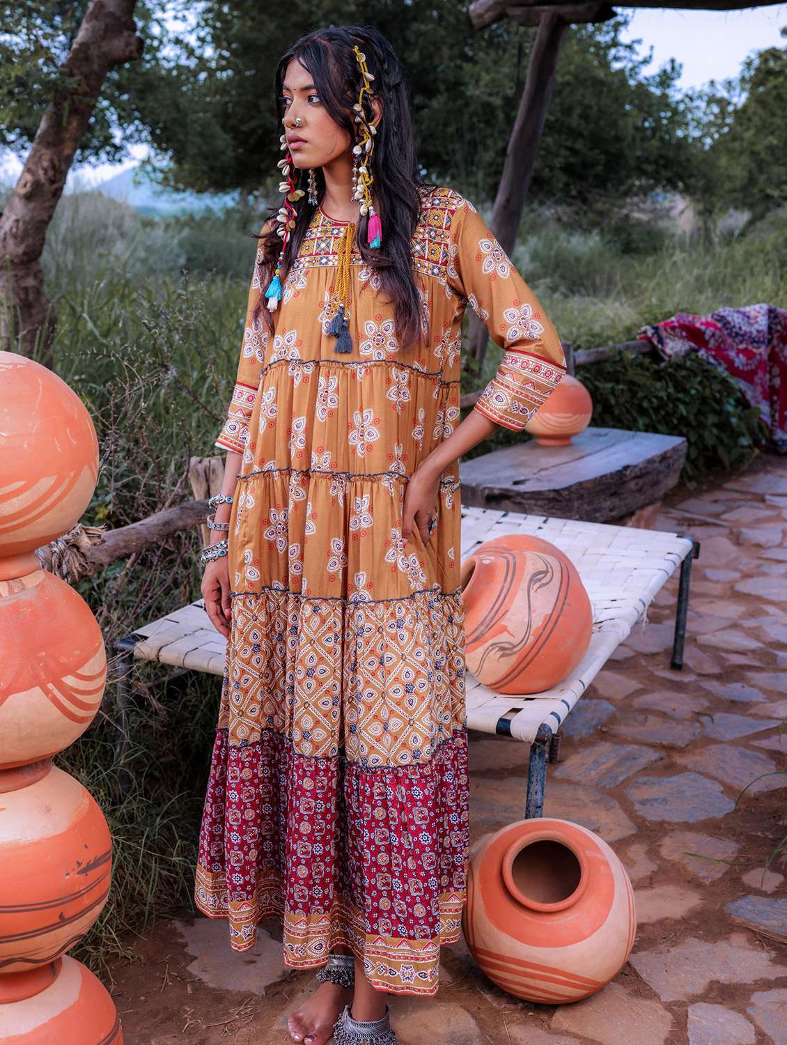 women printed three quarter sleeve tiered ethnic dress - 22183430 -  Standard Image - 4