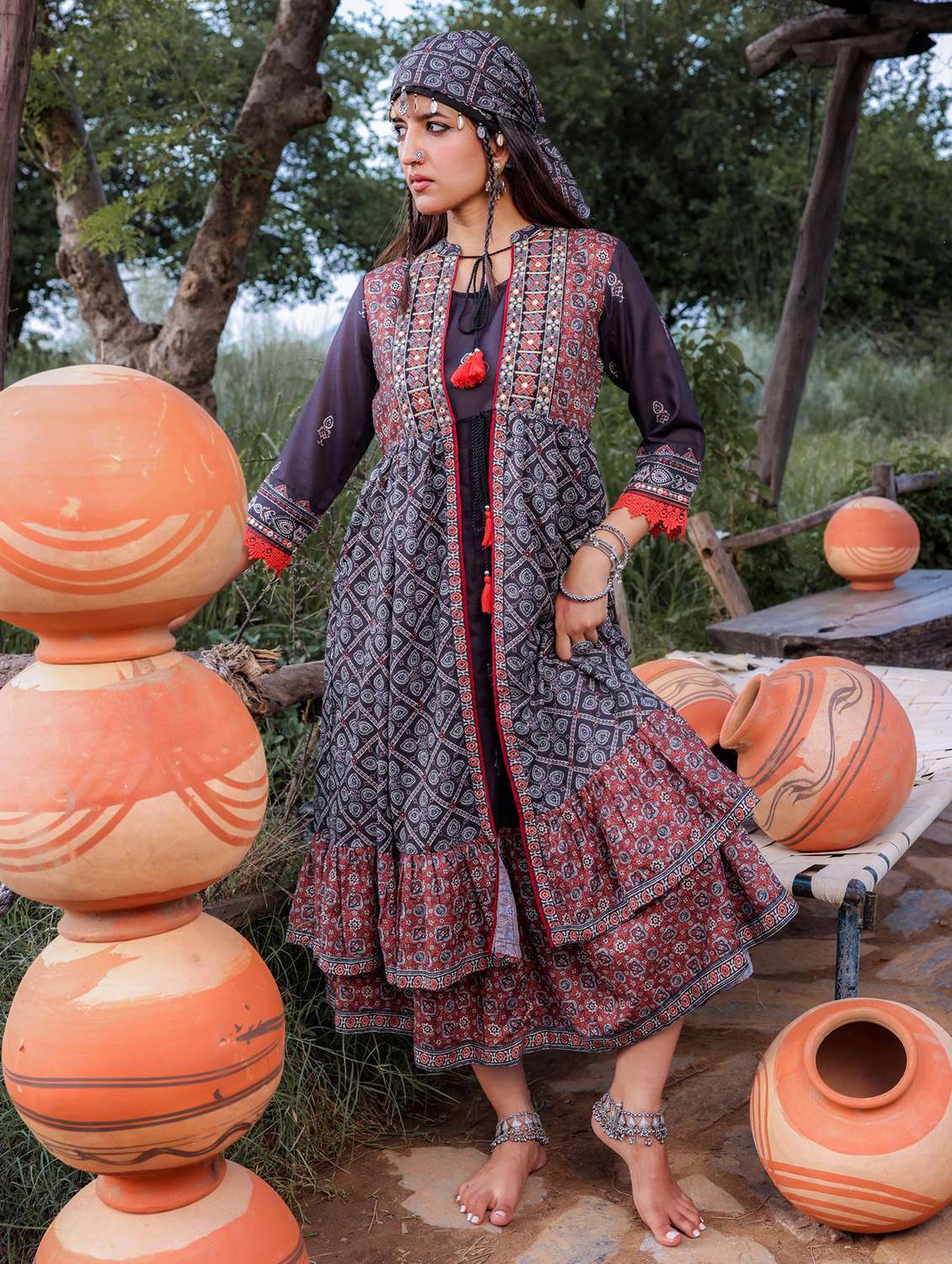 women printed three quarter sleeve layered ethnic dress - 22183431 -  Standard Image - 1