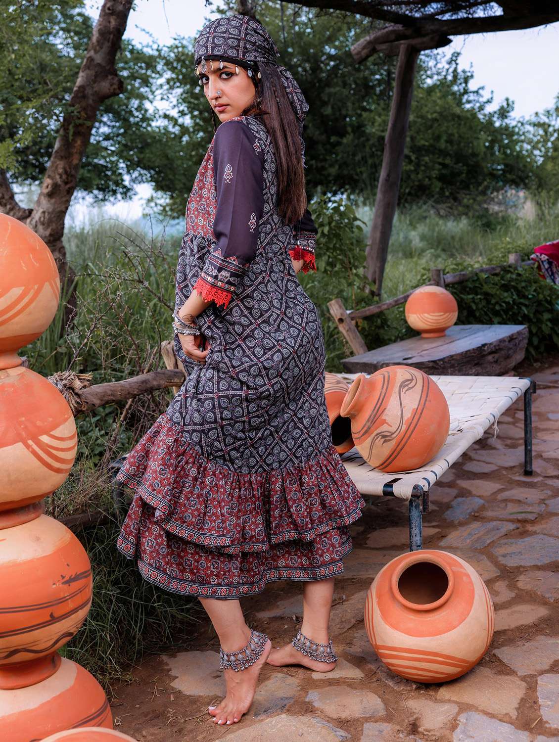 women printed three quarter sleeve layered ethnic dress - 22183431 -  Standard Image - 4