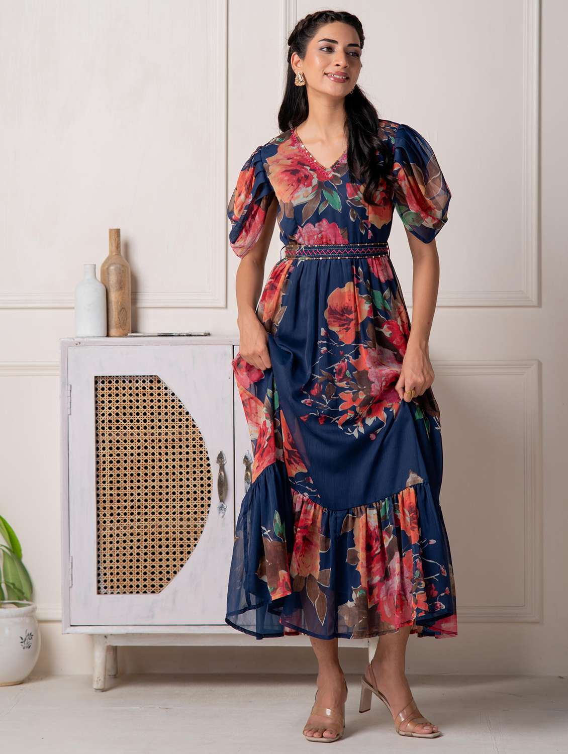 women floral puff sleeve maxi tiered dress - 22183433 -  Standard Image - 1