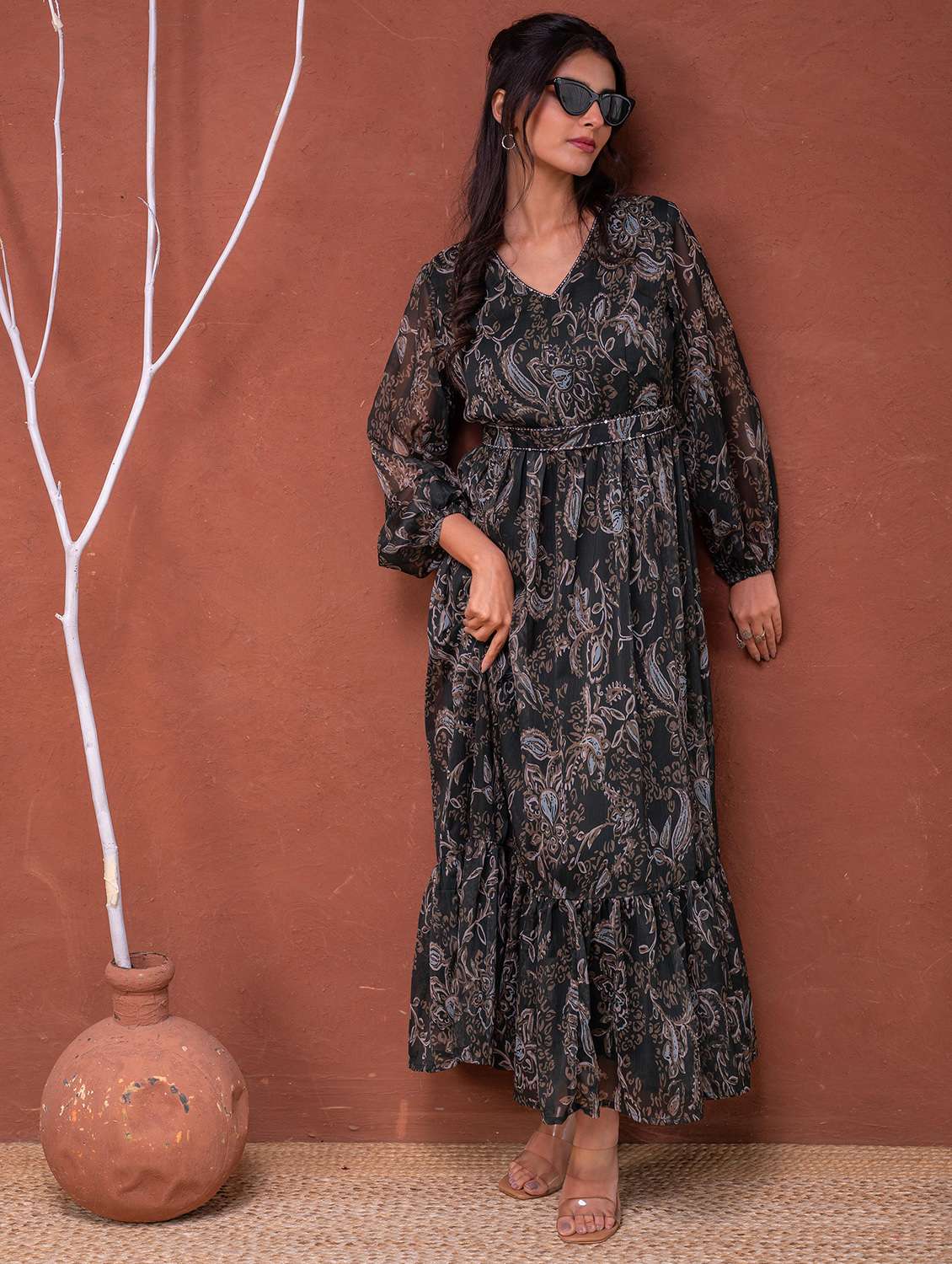 women paisley printed puff sleeve tiered maxi dress - 22183435 -  Standard Image - 1