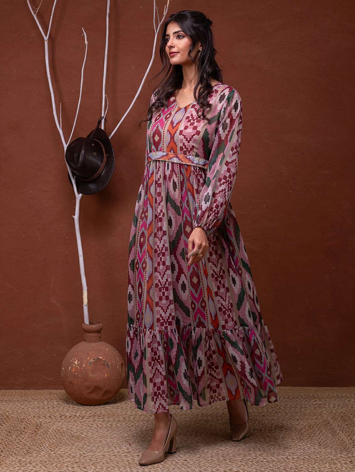 women printed puff sleeve fit & flare dress - 22183436 -  Standard Image - 1